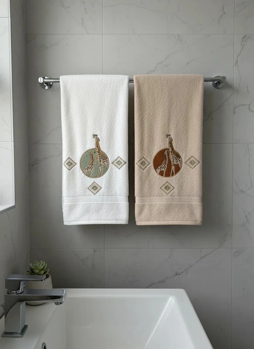 Dekomina Figürlü 2'li Yüz Havlu Seti - Beyaz-Bej Zürafa2