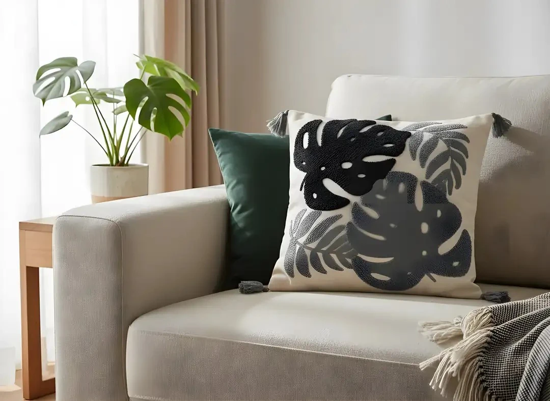 Dekomina Keten Püsküllü Punch Kırlent Kılıfı - Clourblock Motifli