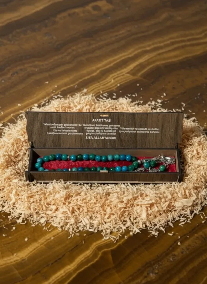 Dekomina Ahşap Kutulu Doğal Taş Tespih - Apatit Taşı