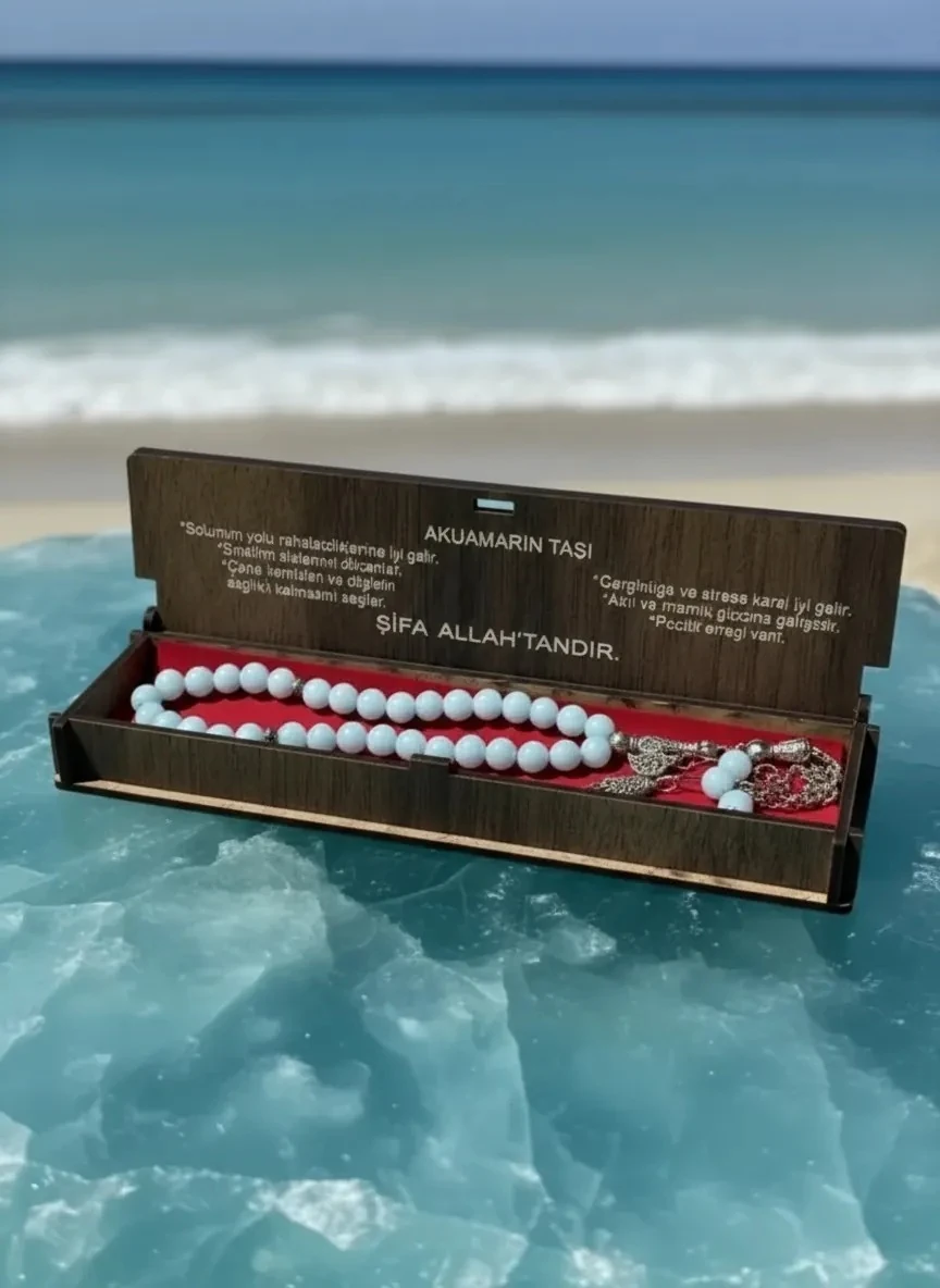 Dekomina Ahşap Kutulu Doğal Taş Tespih - Aquamarin Taşı