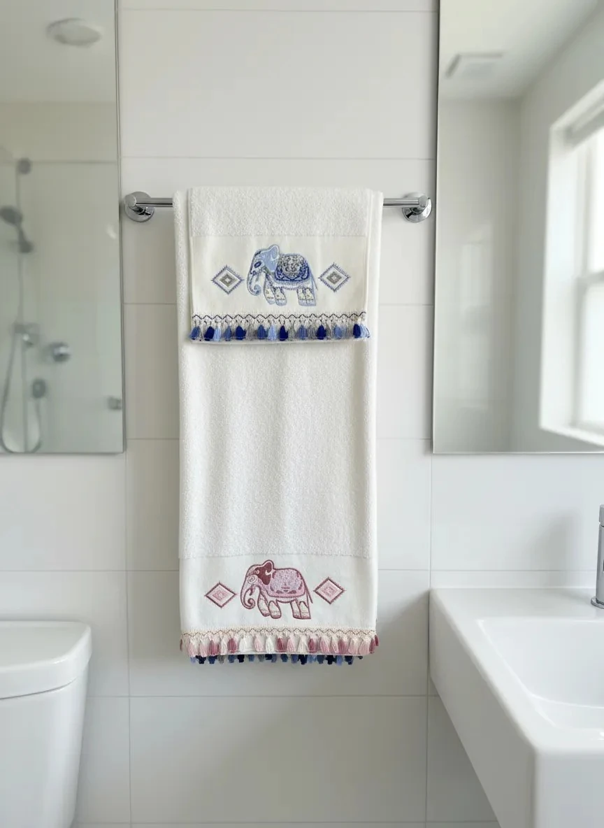 Dekomina Figürlü 2'li Yüz Havlu Seti - Mavi-Pembe Fil2