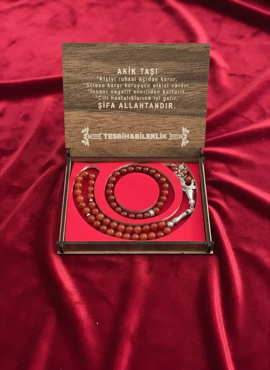 Dekomina Ahşap Kutulu Tesbih ve Bileklik Set - Kırmızı Akik Taşı