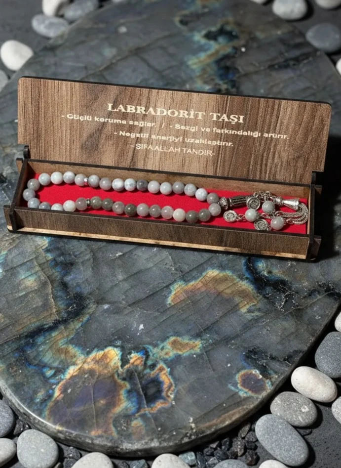 Dekomina Ahşap Kutulu Doğal Taş Tespih - Labradorit Taşı