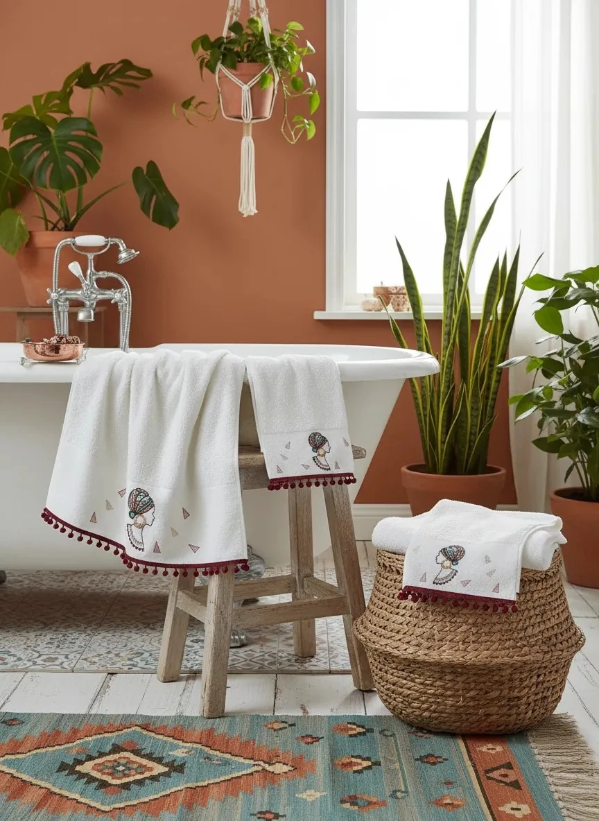 Dekomina Figürlü El ve Yüz Havlusu İkili Set - Püsküllü Etnik Desenli Beyaz