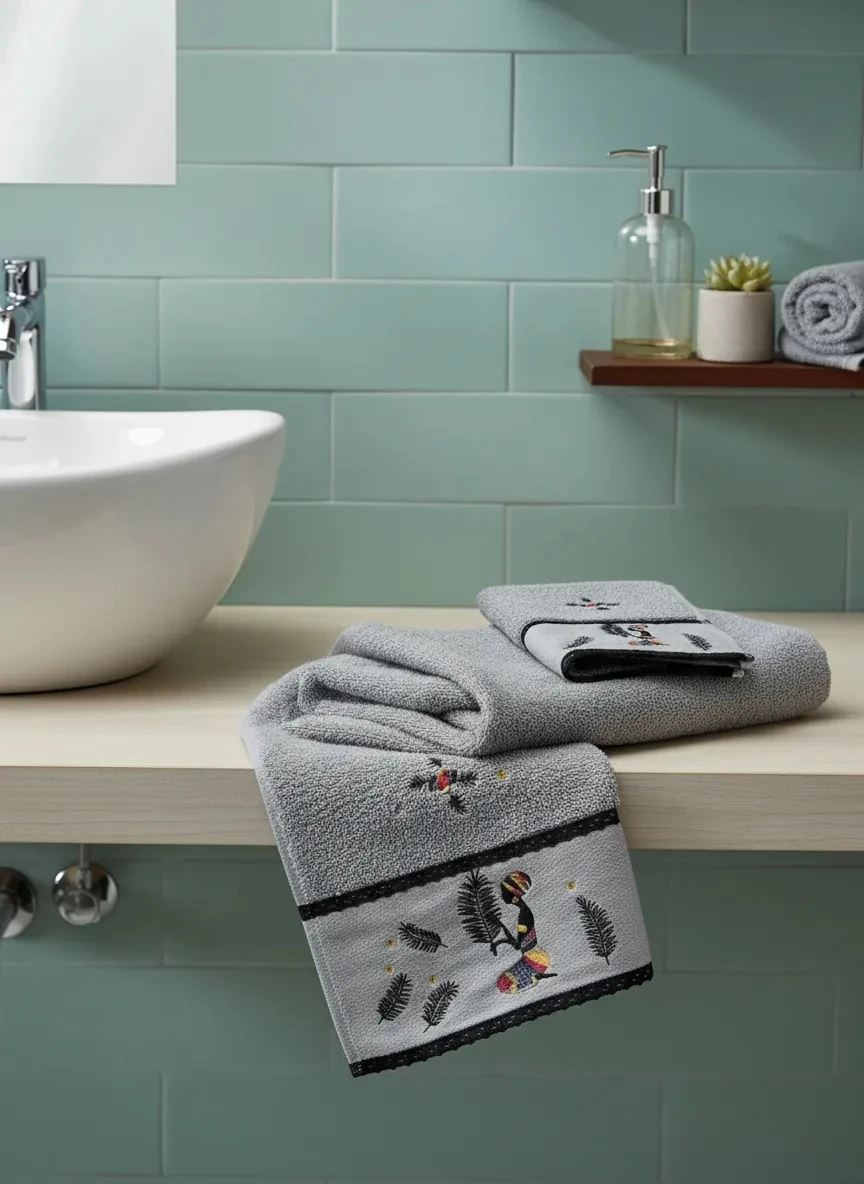 Dekomina Figürlü El ve Yüz Havlusu İkili Set - Etnik Desenli Gri