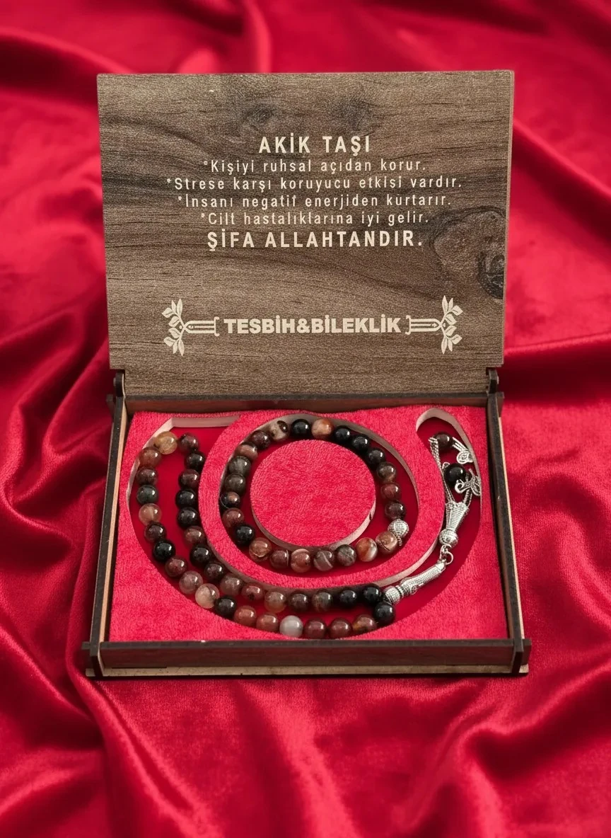 Dekomina Ahşap Kutulu Tesbih ve Bileklik Set - Kahve Akik Taşı