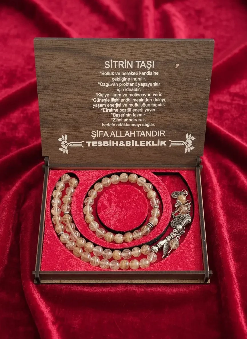 Dekomina Ahşap Kutulu Tesbih ve Bileklik Set - Sitrin Taşı