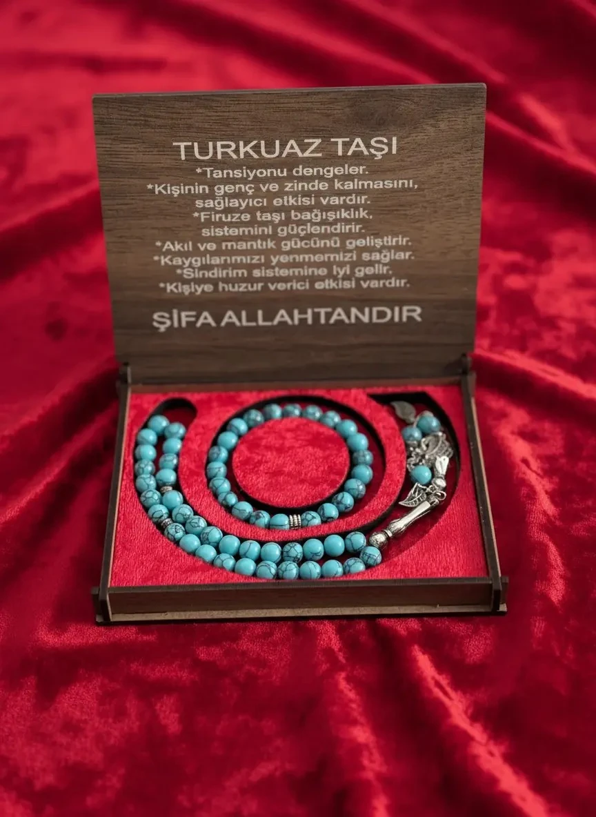 Dekomina Ahşap Kutulu Tesbih ve Bileklik Set - Turkuaz Taşı