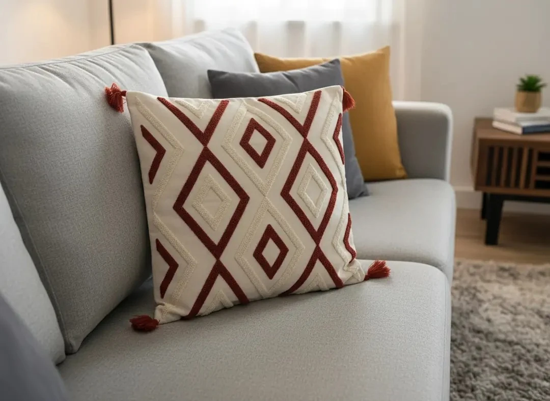 Dekomina Keten Püsküllü Punch Kırlent Kılıfı - Sonbahar Sarısı Geometrik