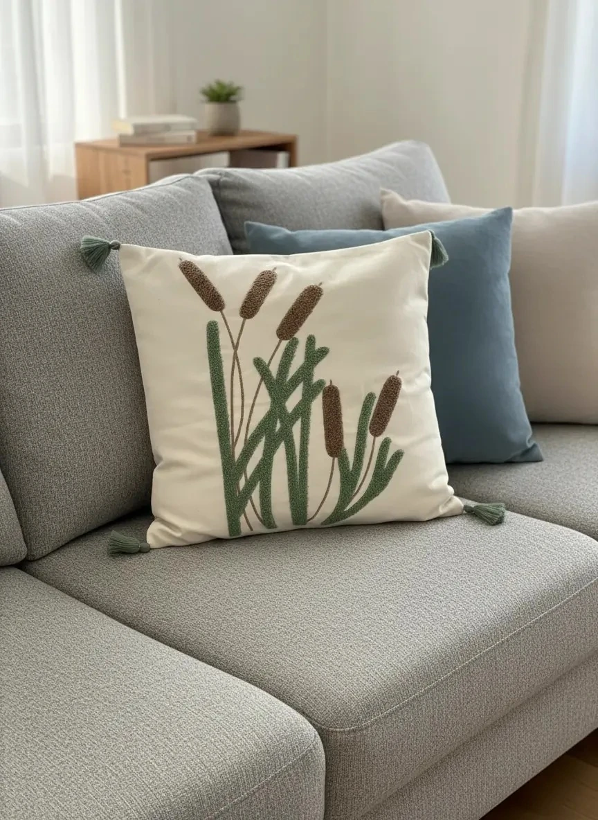 Dekomina Keten Püsküllü Punch Kırlent Kılıfı - Doğal Krem Sazlık