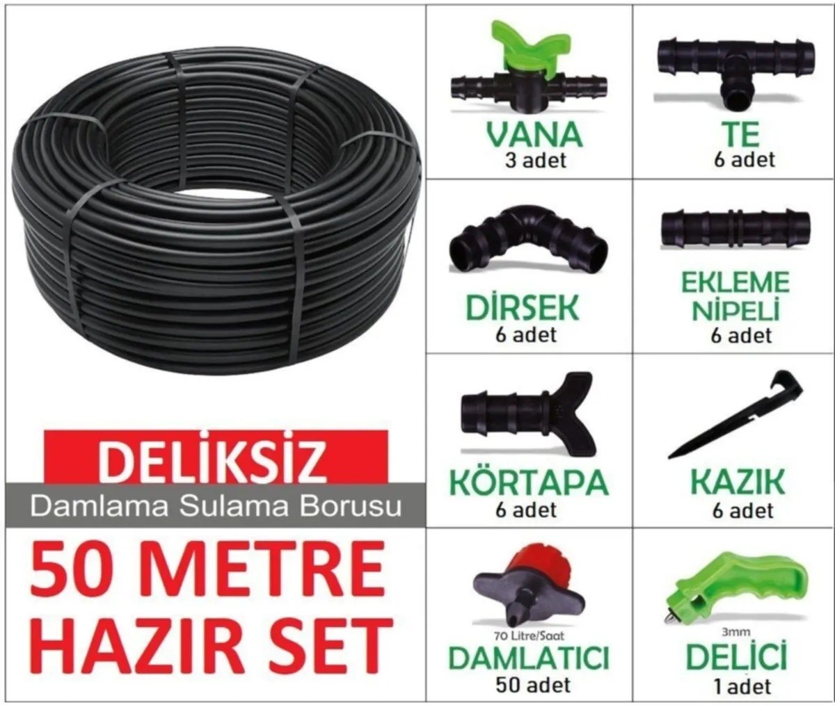 50 Metre Deliksiz Damla Sulama Sistemi Hazır Set Damlama Borusu ve Parçaları
