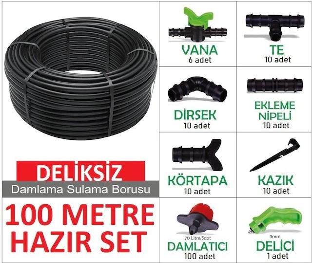 100 Metre Deliksiz Damla Sulama Sistemi Hazır Set Damlama Borusu ve Parçaları