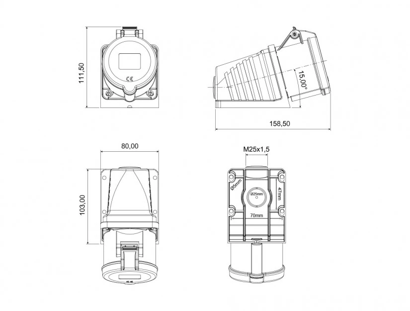 Bemis Cee Norm 3x32a 220V Ip44 90 Derece Eğik Duvar Prizi
