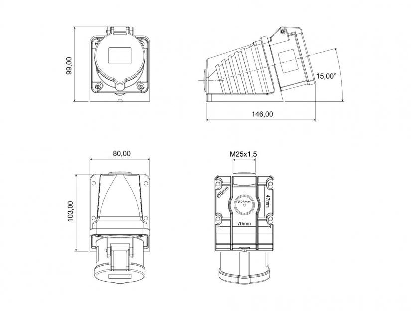 Bemis Cee Norm 5x16a 380V Ip44 90 Derece Eğik Duvar Priz