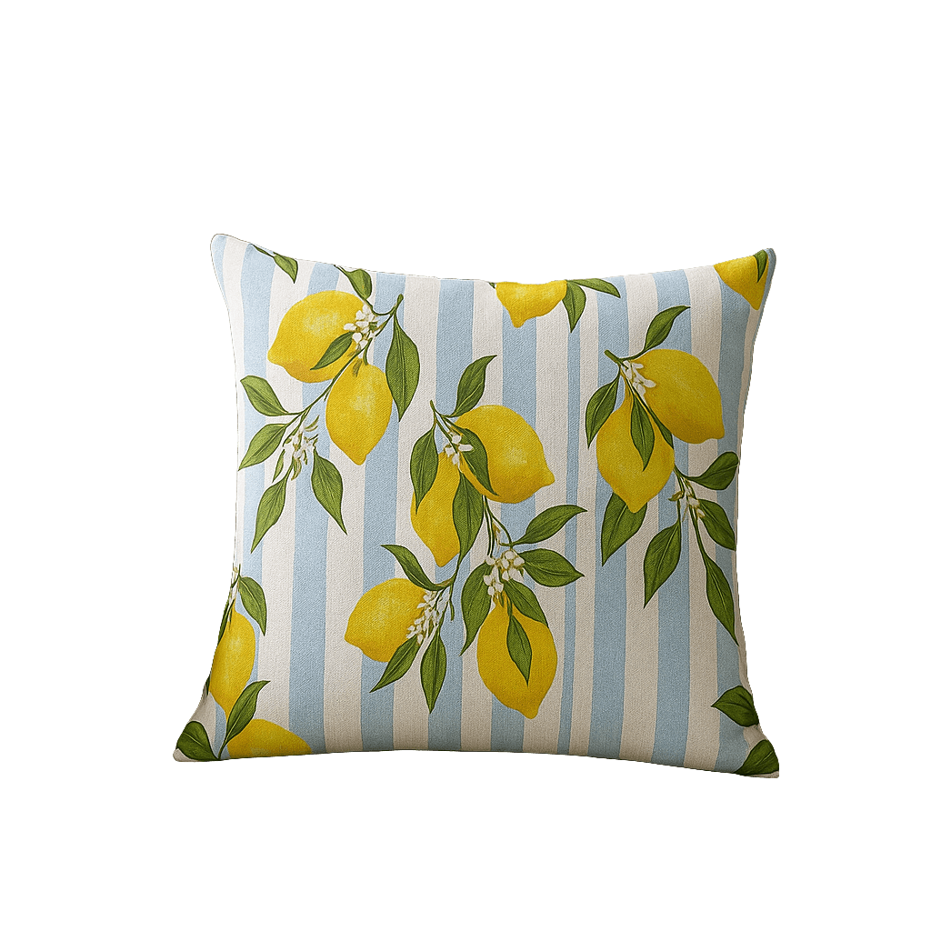 Desenli Yastık Kılıfı Çift Taraflı Baskı 43x43 - Mavi Çizgili Limon
