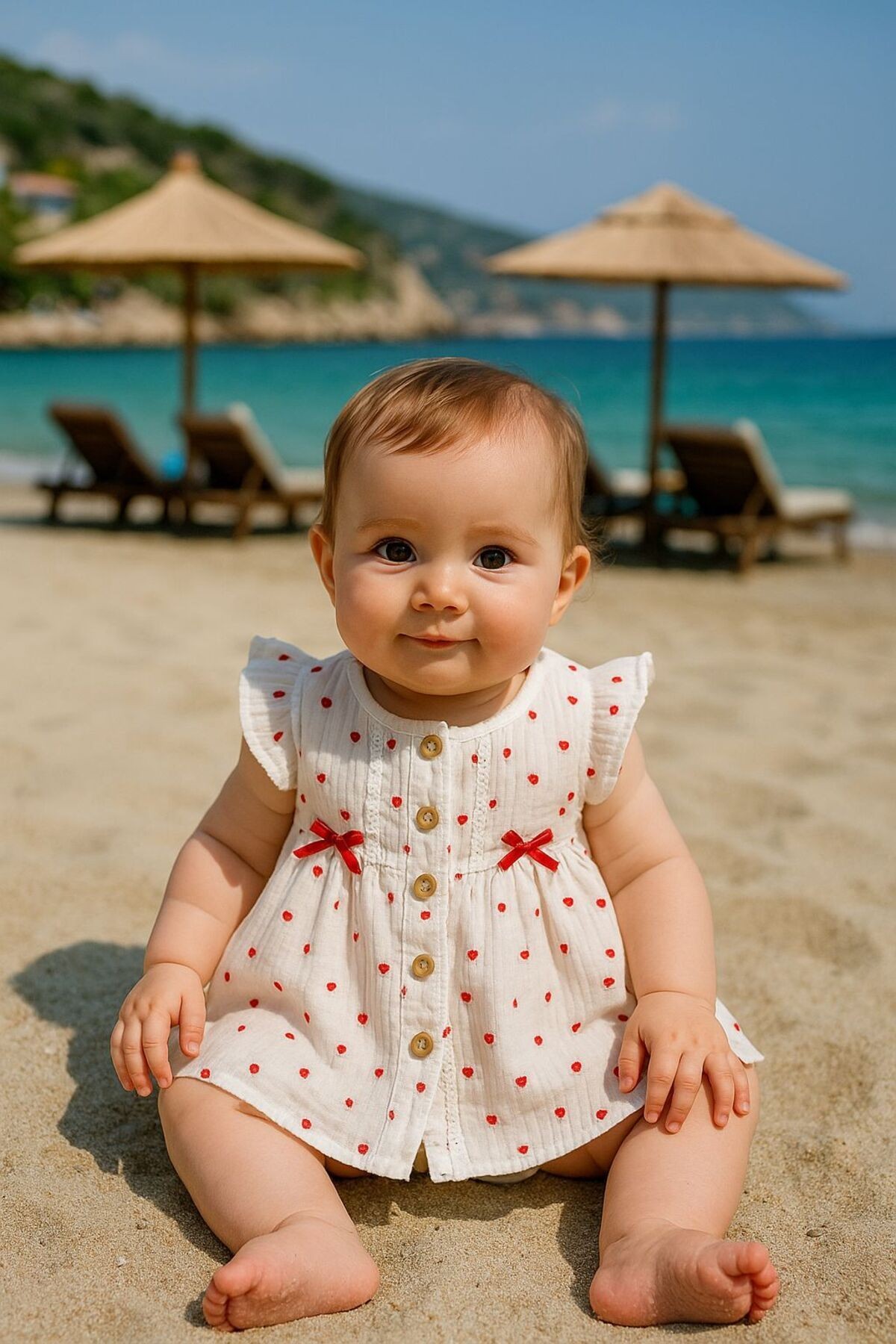Kalp Desenli Müslin Kumaş Naturel Kız Bebek Elbise