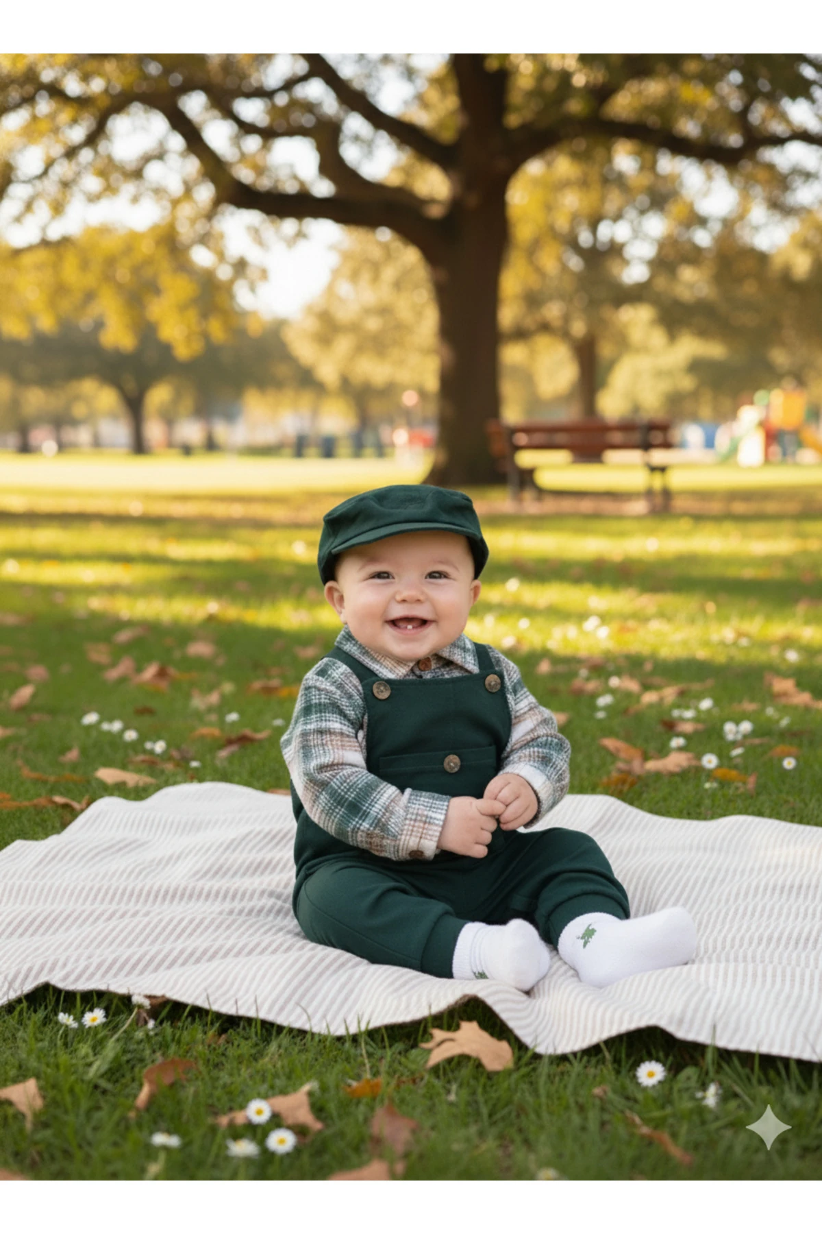 Kışlık Tarz ve Tasarım Desenli Oduncu Erkek Bebek Salopet Takım - Yeşil