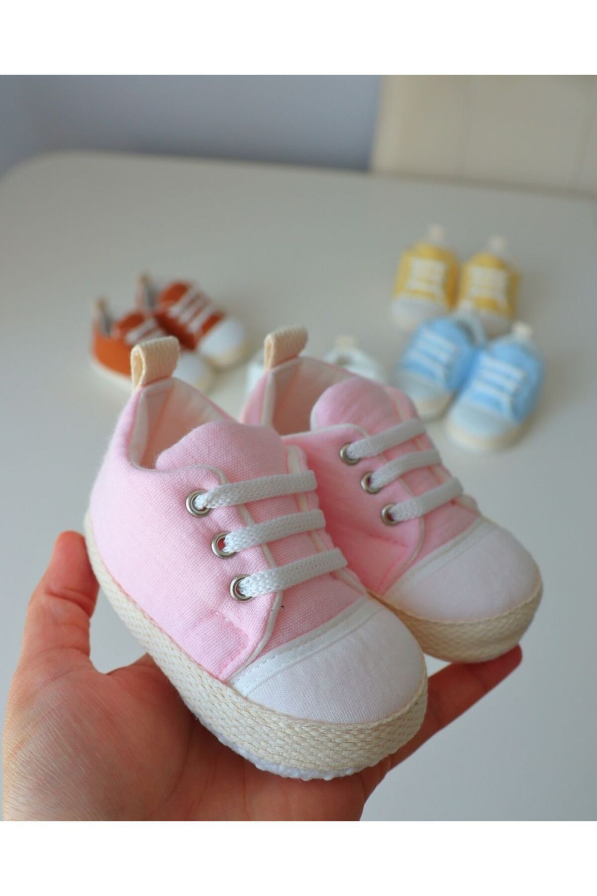 Bayramlık Yazlık Bağcıklı Müslin Kumaş Naturel Tasarım Bebek Ayakkabısı - pembe