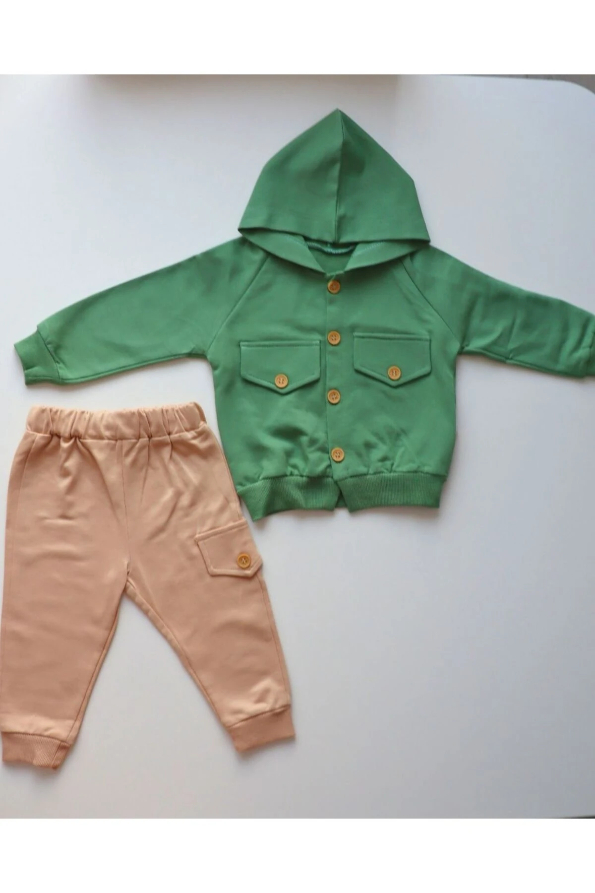 Tasarım Tarz Kız Erkek Bebek Düğmeli Kapşonlu Takım