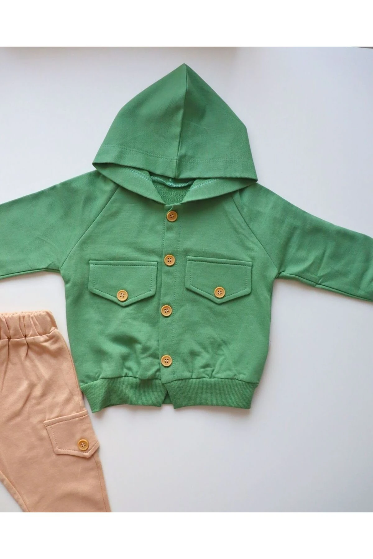 Tasarım Tarz Kız Erkek Bebek Düğmeli Kapşonlu Takım