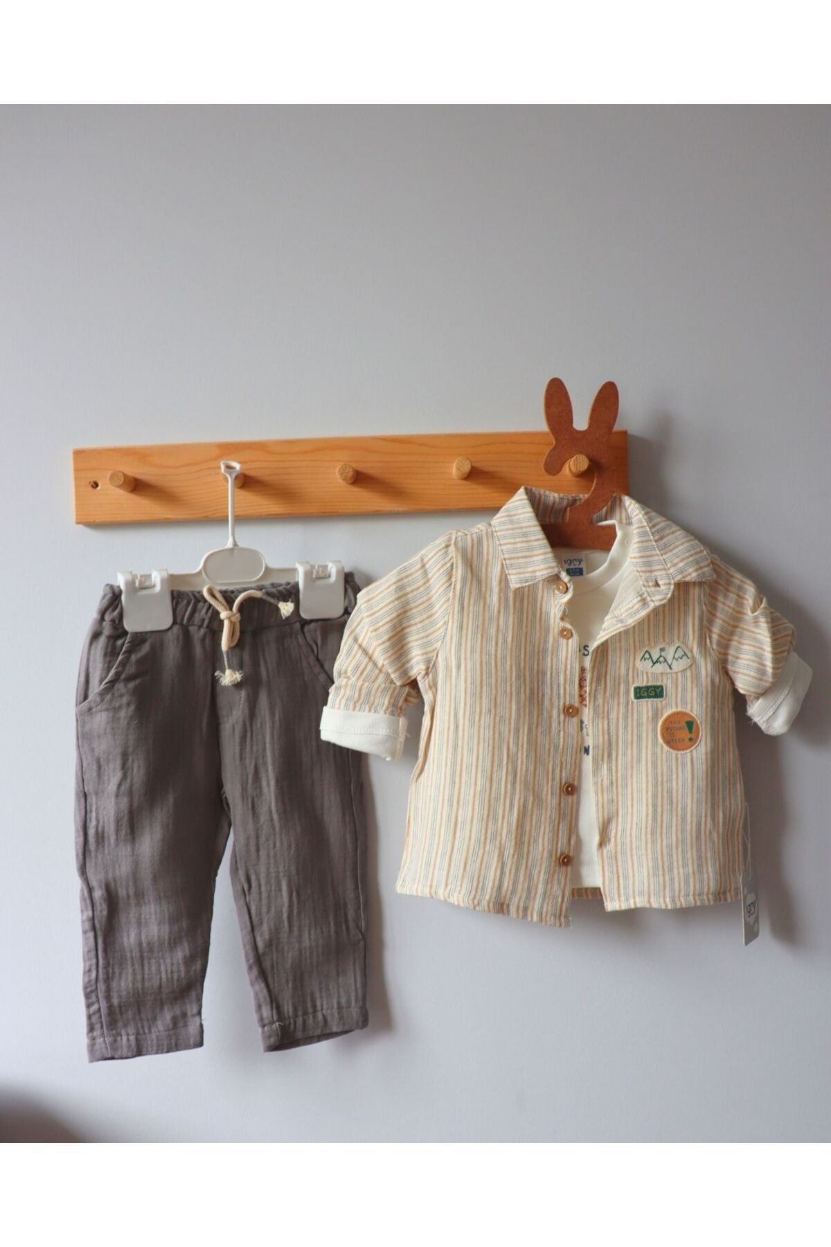 Bayramlık Soft Renkli Çizgili ve Tasarım Desenli Muslin Badi Gömlek Pantolon Erkek Bebek Takım