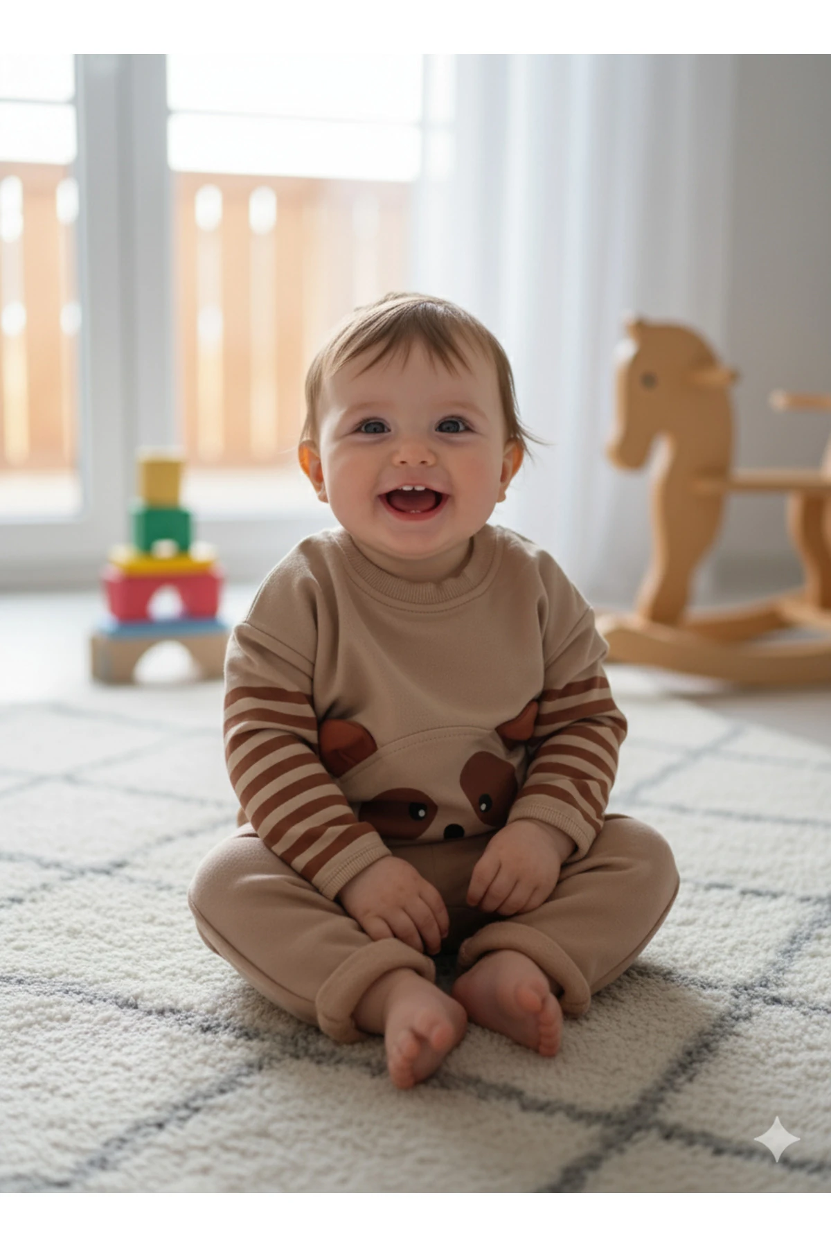 Ayıcık Kulaklı 3'lü Takım Mevsimlik Kız Erkek Bebek Takımı - bej