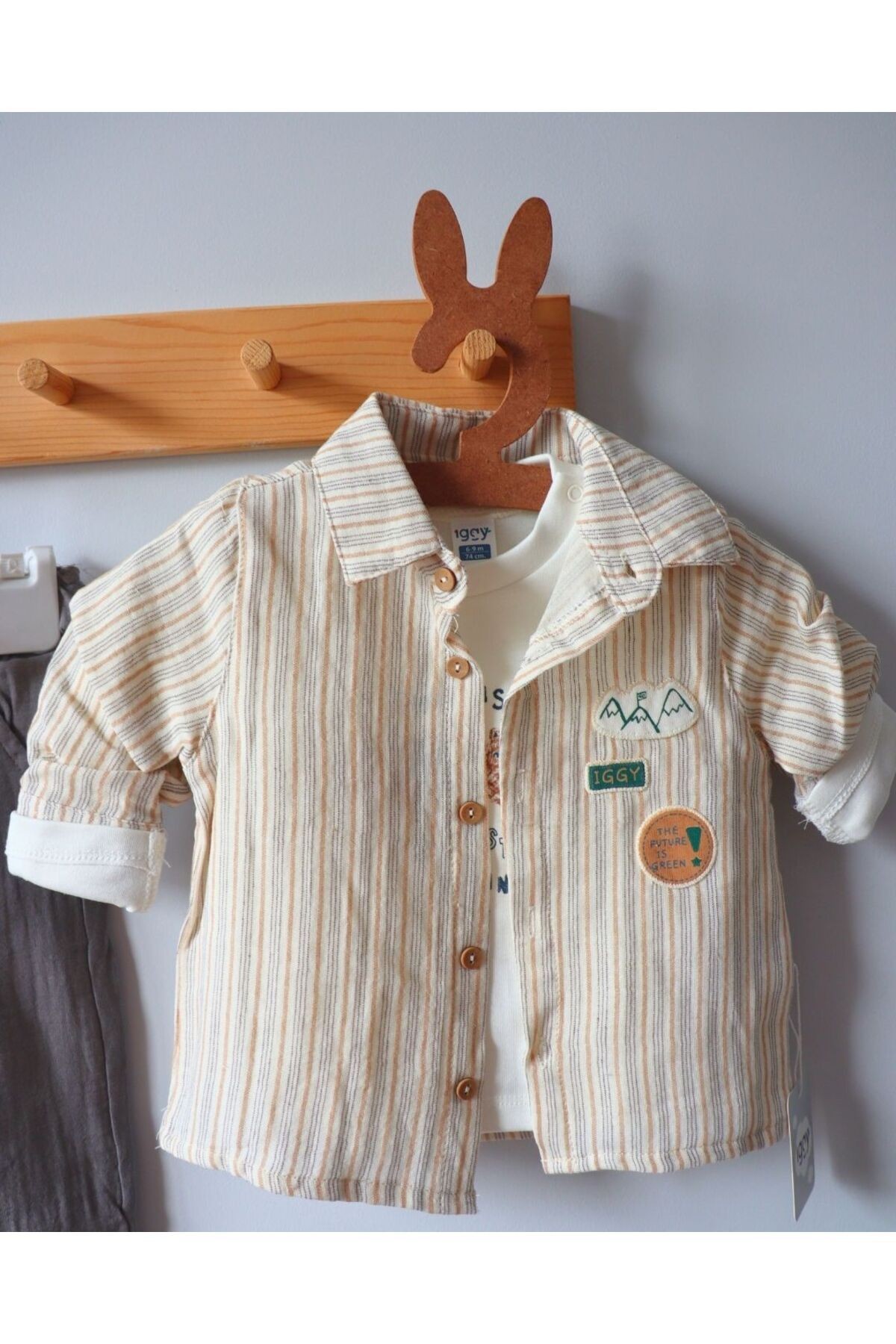 Bayramlık Soft Renkli Çizgili ve Tasarım Desenli Muslin Badi Gömlek Pantolon Erkek Bebek Takım