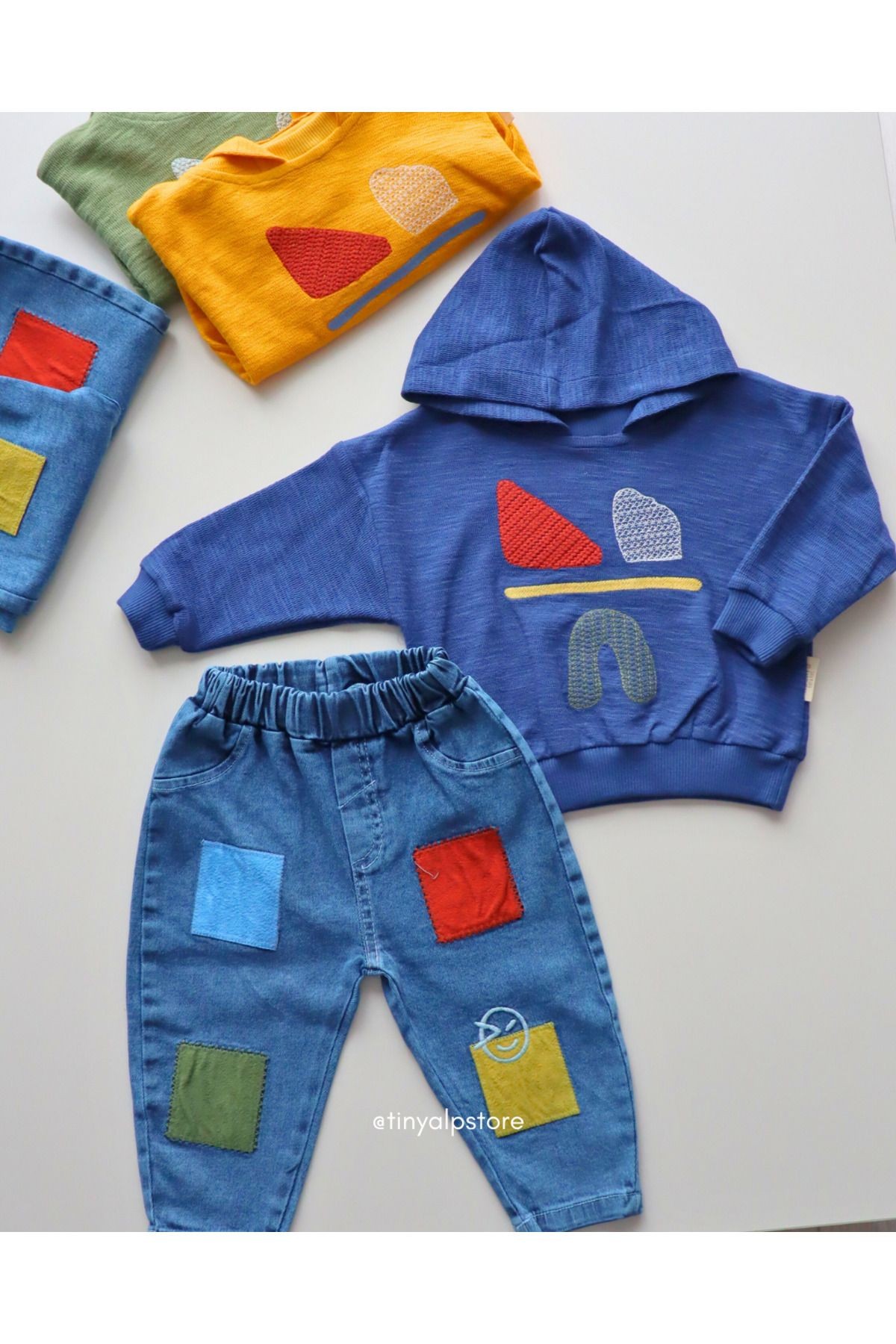 Basic Asimetrik Tasarım Desen Kapşonlu Kot Erkek Bebek 2'li Takım - mavi