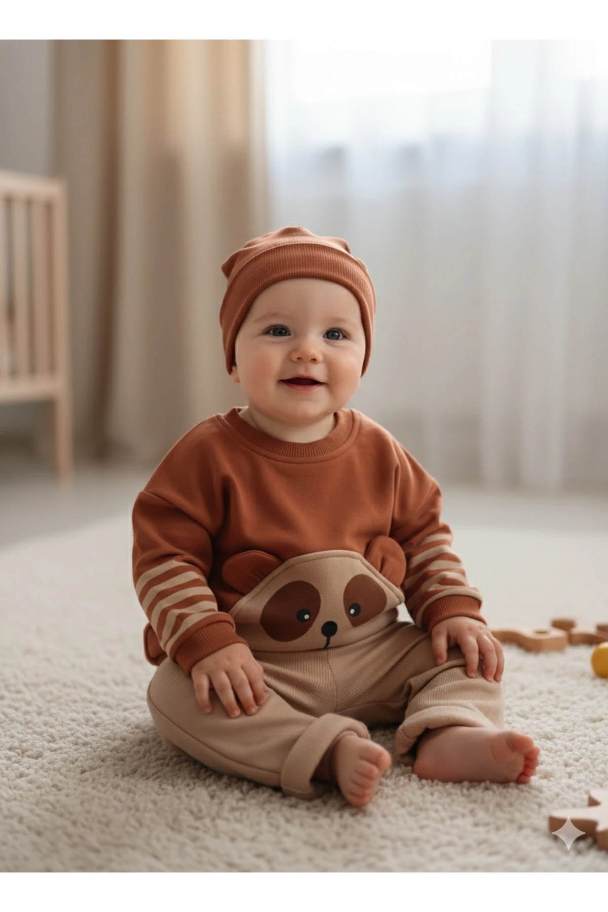 Ayıcık Kulaklı 3'lü Takım Mevsimlik Kız Erkek Bebek Takımı - kahverengi