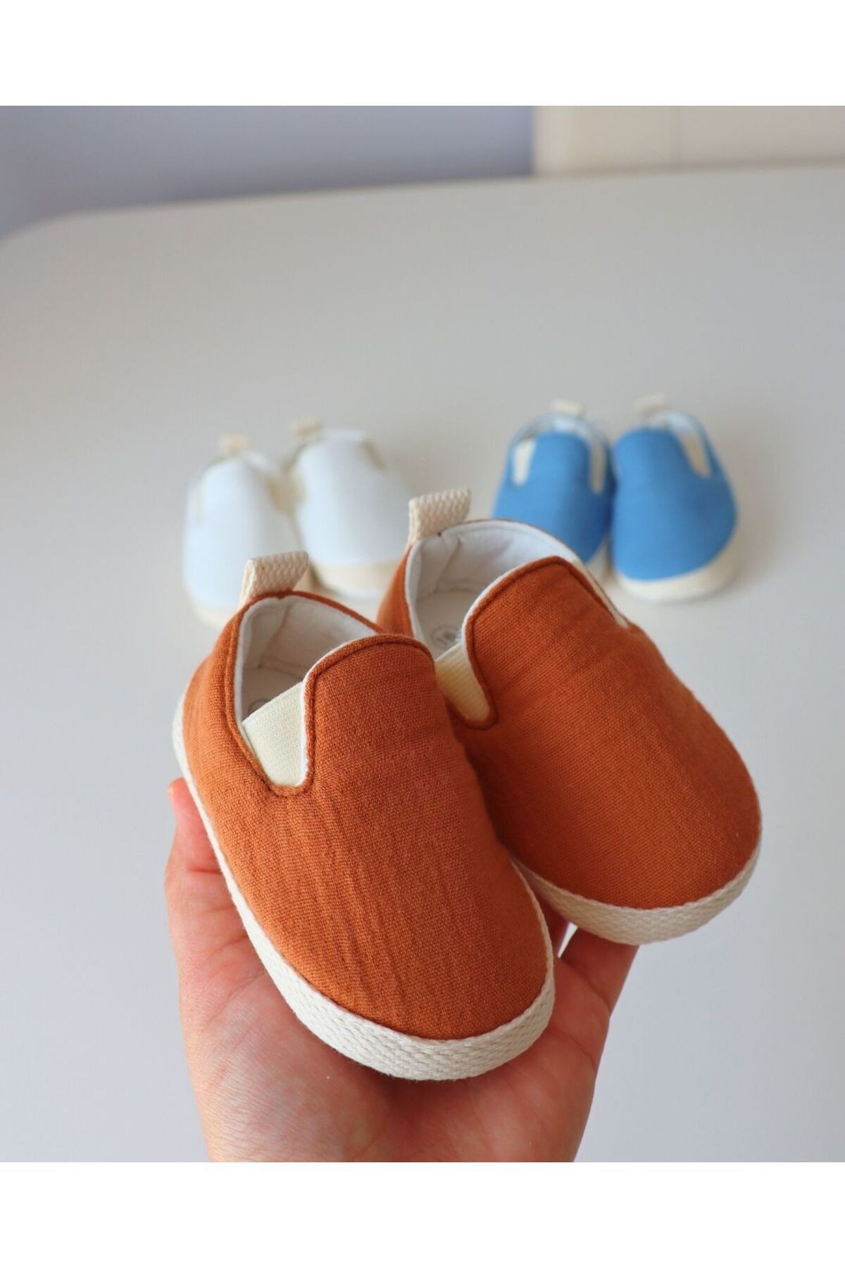 Bayramlık Yazlık Müslin Kumaş Naturel Soft Renkler Tasarım Bebek Ayakkabısı - kahverengi