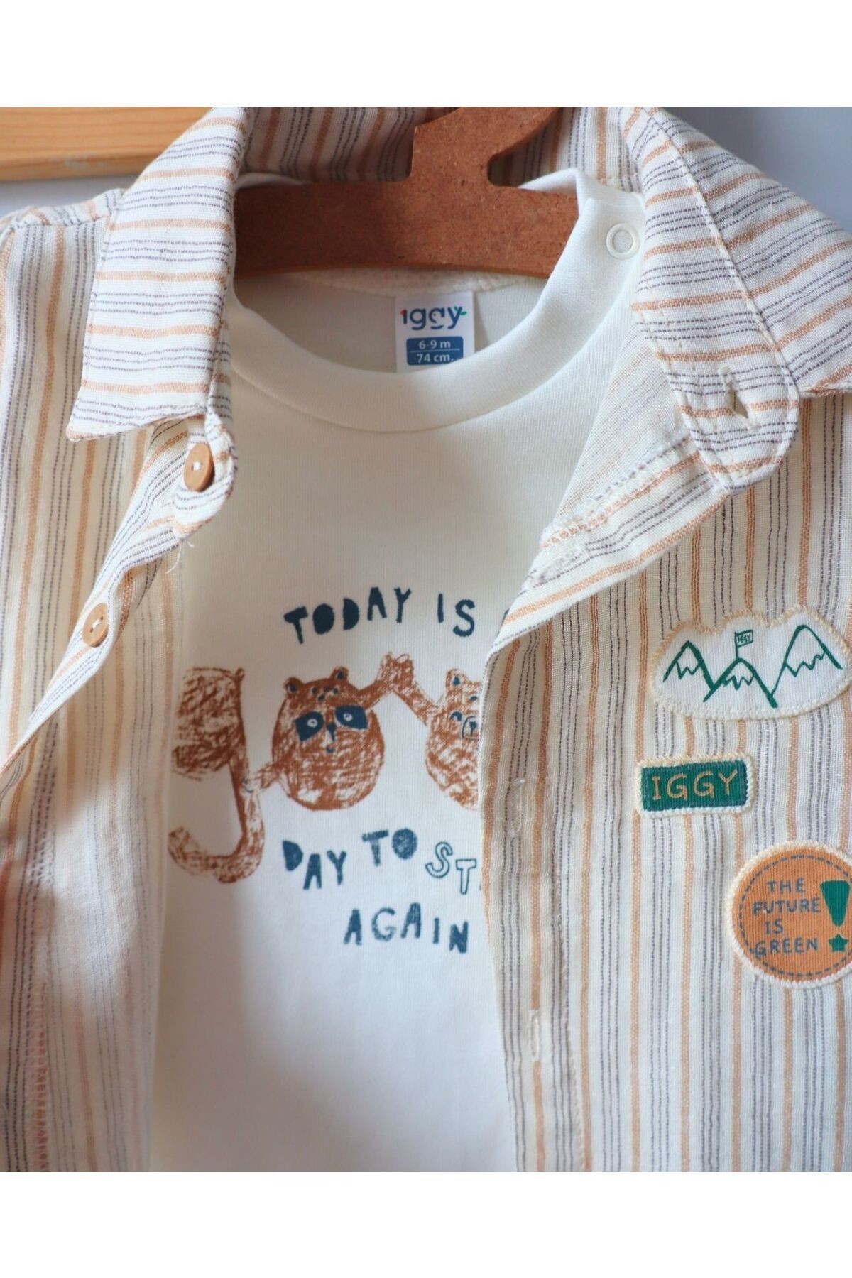 Bayramlık Soft Renkli Çizgili ve Tasarım Desenli Muslin Badi Gömlek Pantolon Erkek Bebek Takım