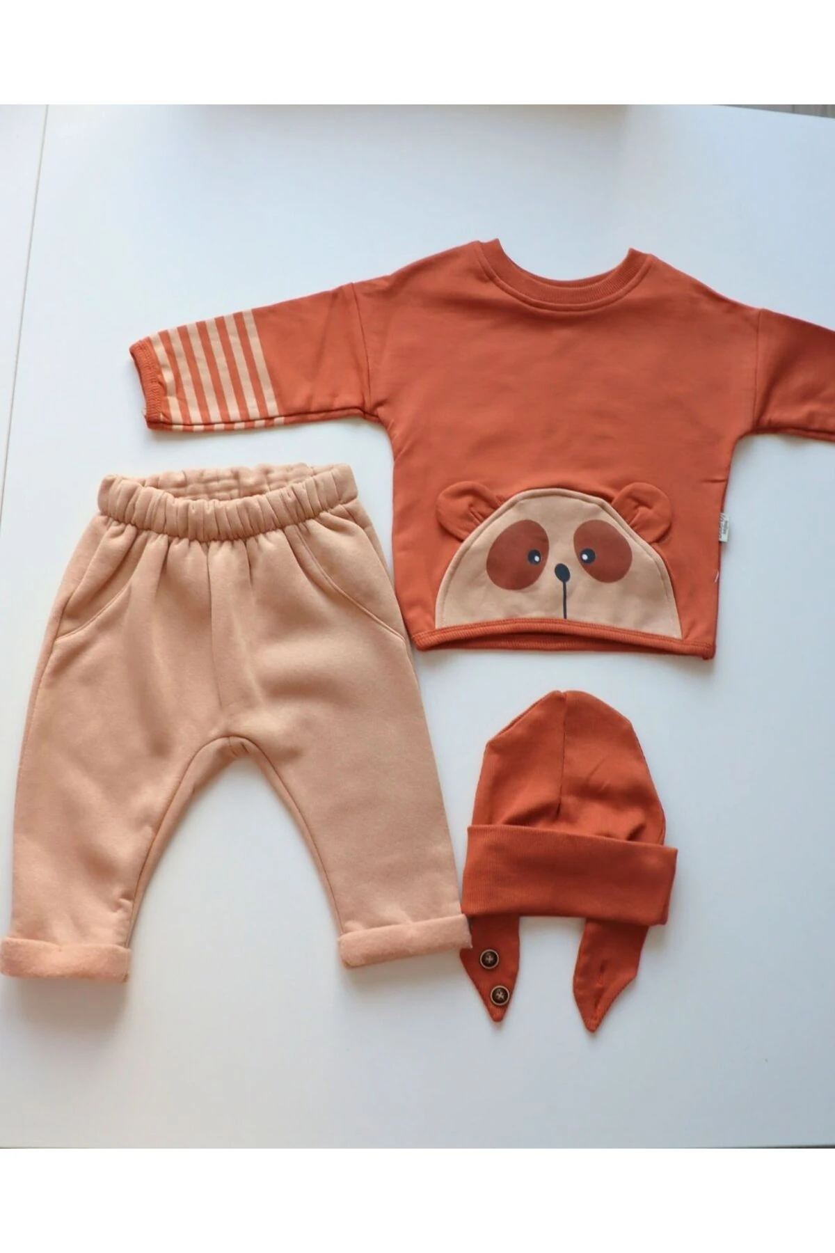 Ayıcık Kulaklı 3'lü Takım Mevsimlik Kız Erkek Bebek Takımı