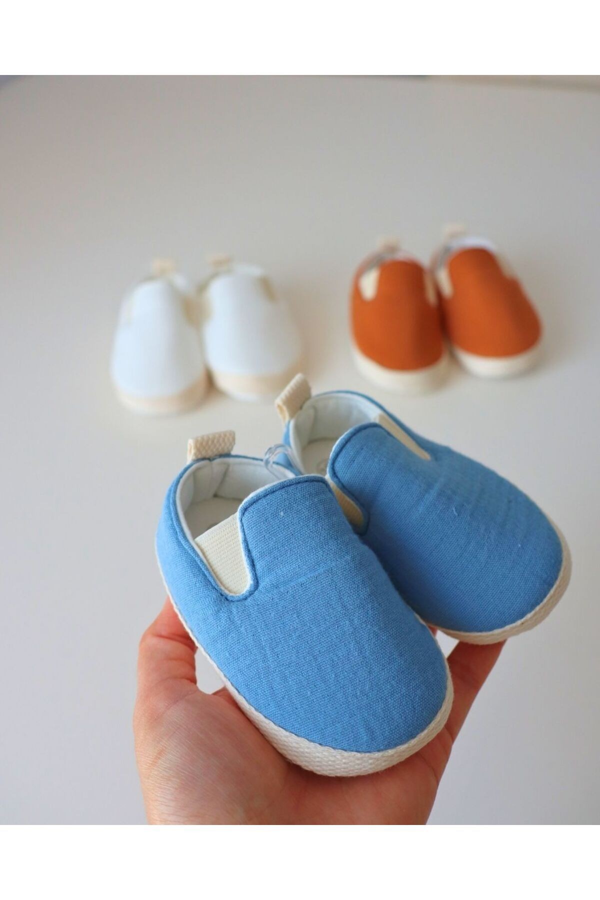 Bayramlık Yazlık Müslin Kumaş Naturel Soft Renkler Tasarım Bebek Ayakkabısı - mavi