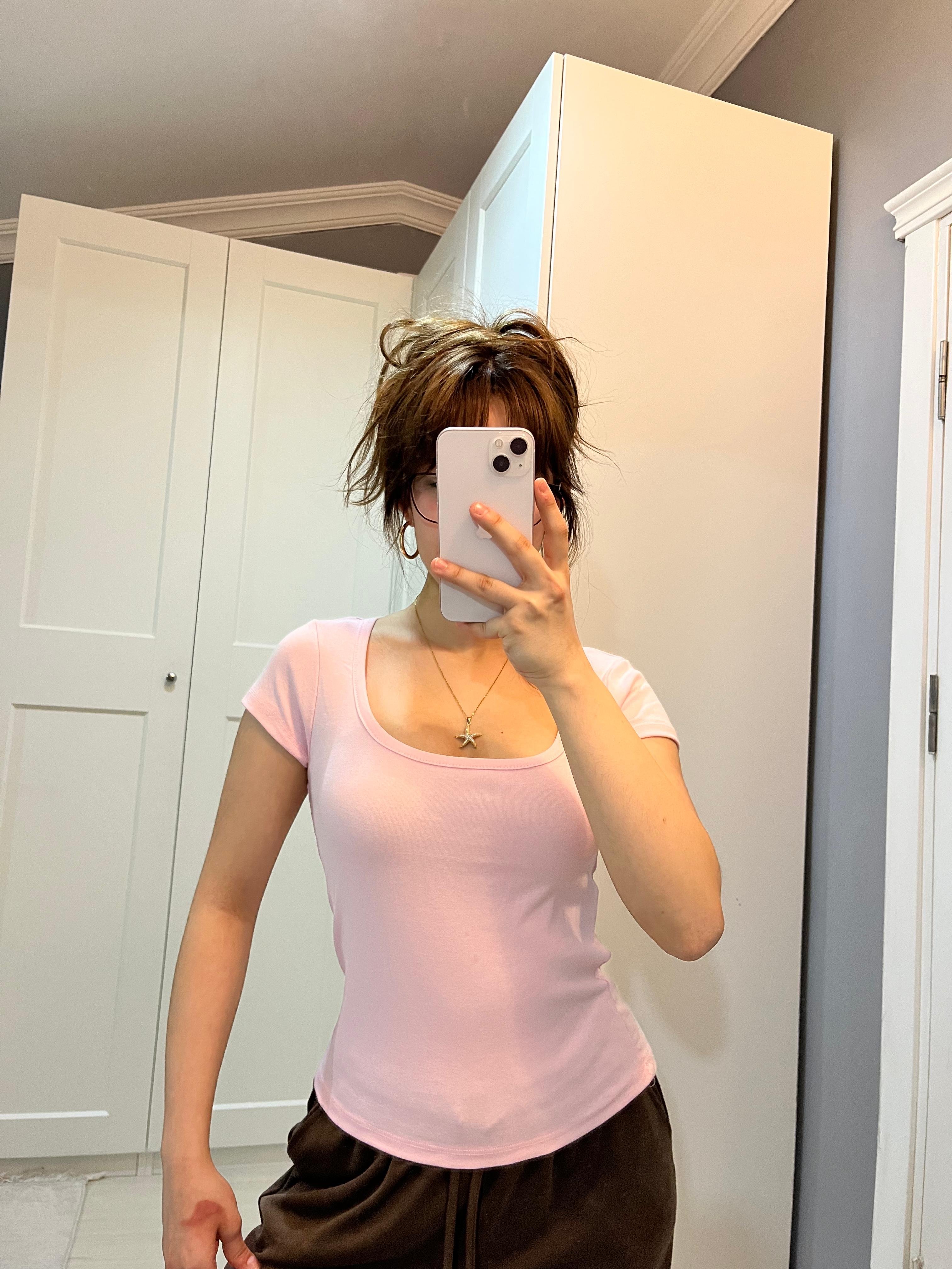 Kare yaka açık pembe kısa kollu