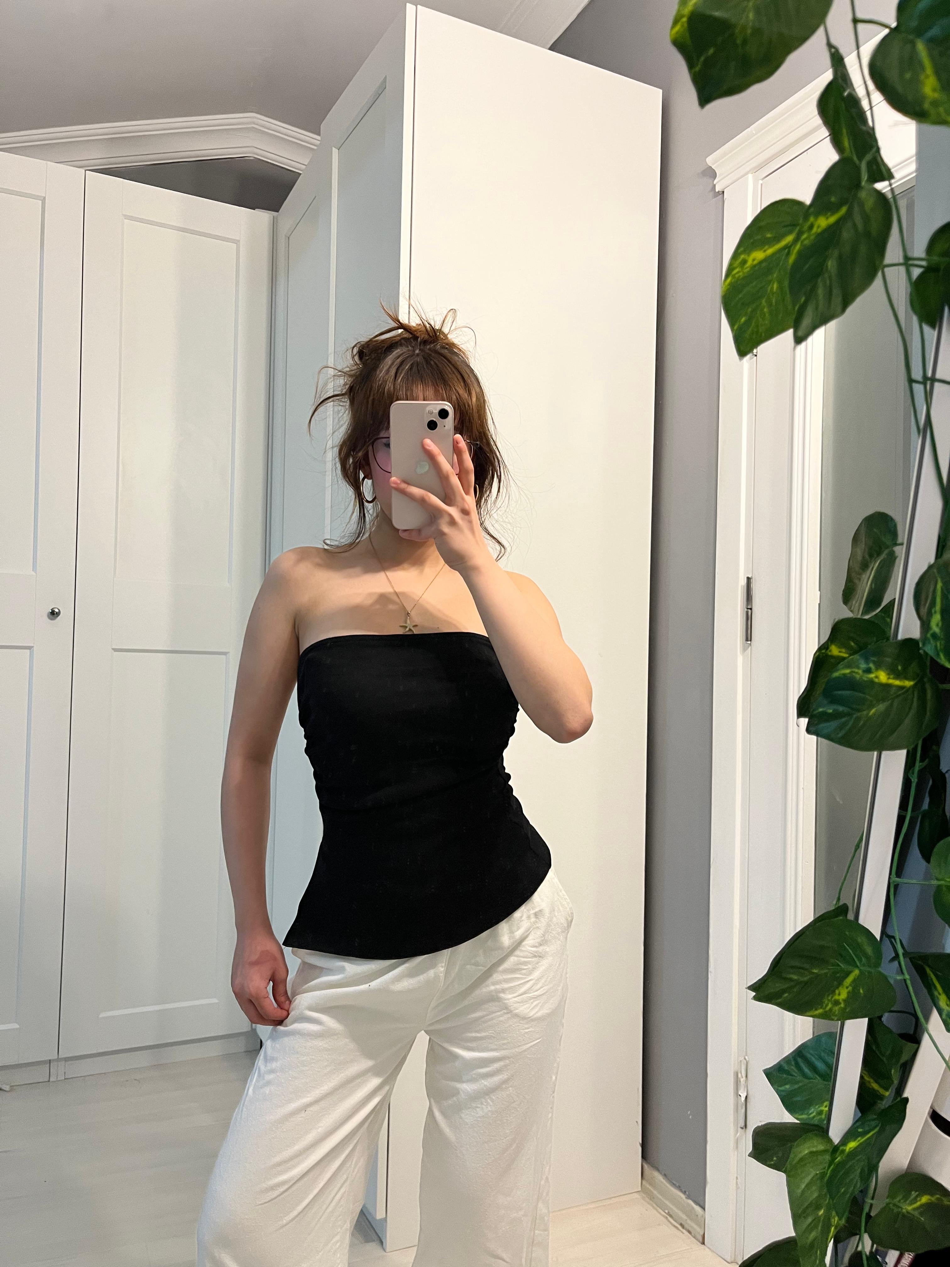 Straplez bel büzgülü siyah bluz
