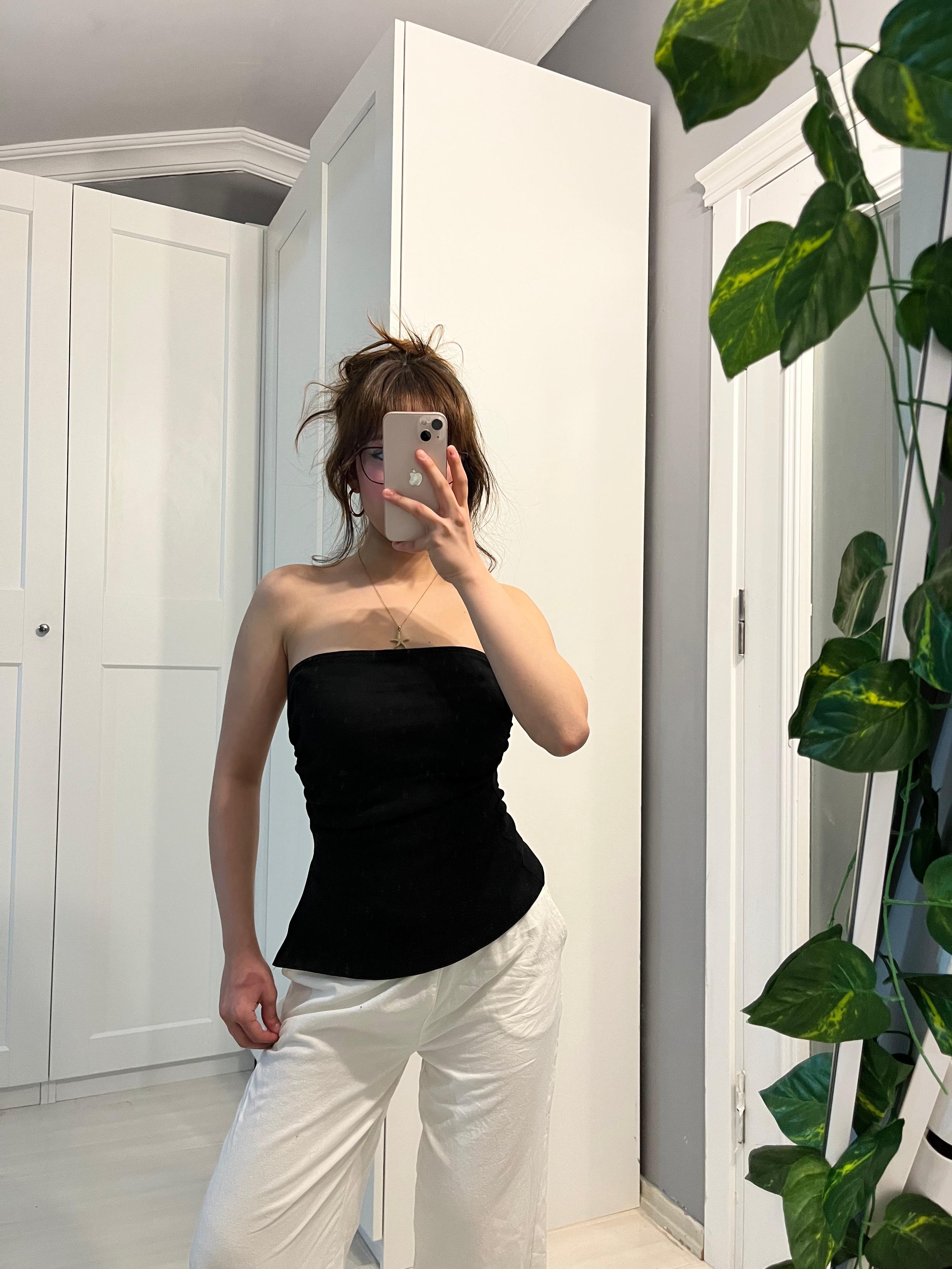 Straplez bel büzgülü siyah bluz