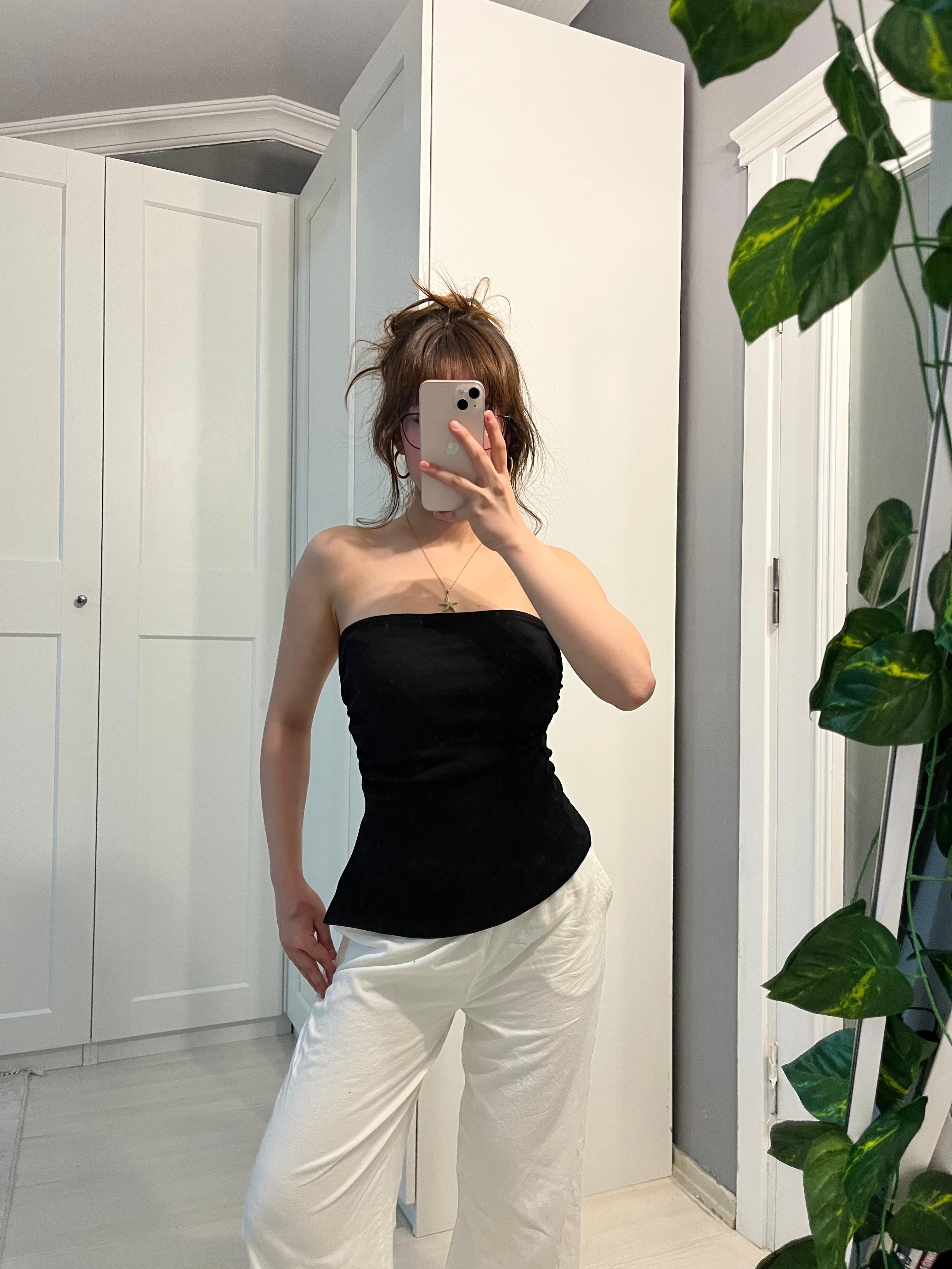Straplez bel büzgülü siyah bluz