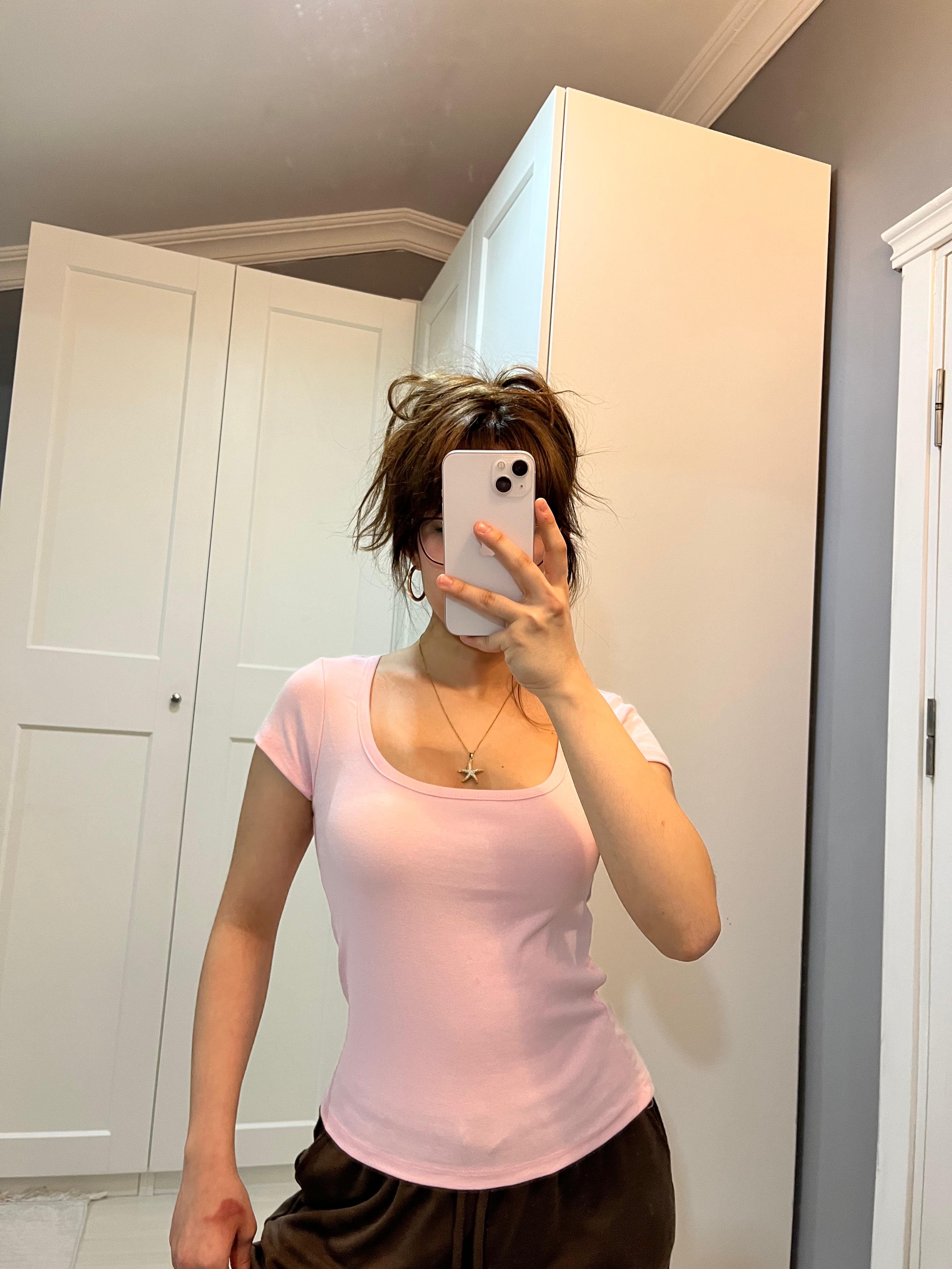 Kare yaka açık pembe kısa kollu