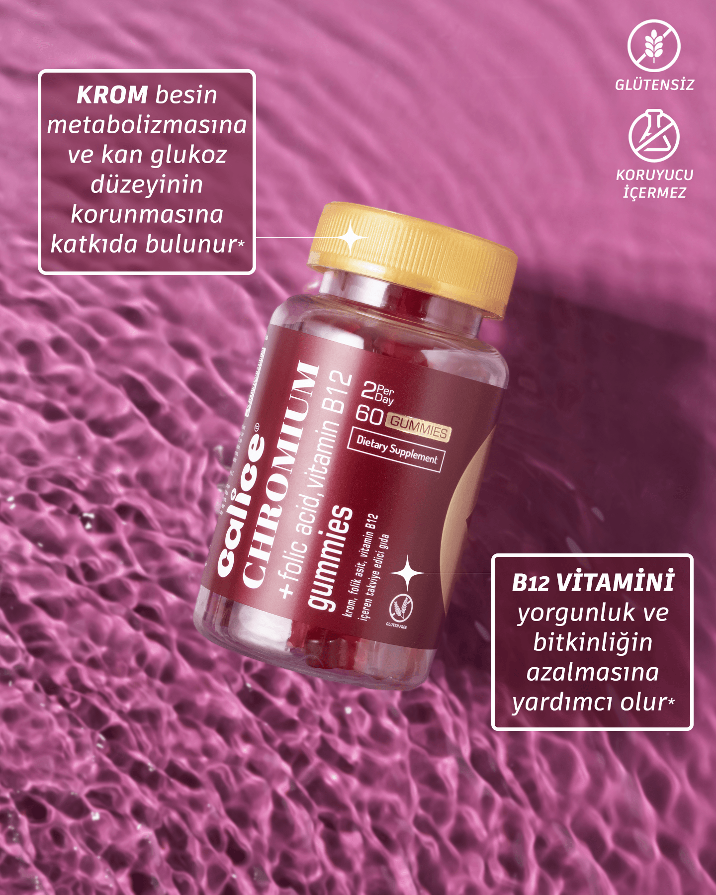 Krom, B12 Vitamini ve Folik Asit İçeren Takviye Edici Gıda (60 Gummies)