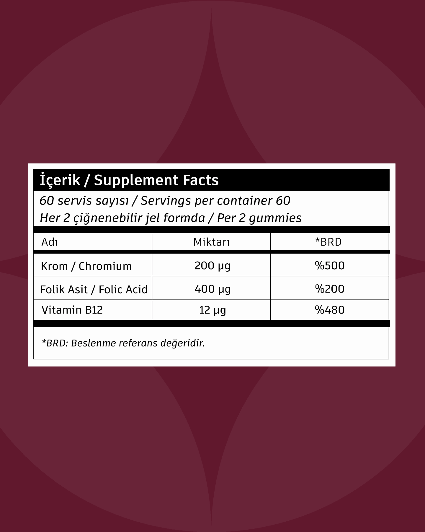 Krom, B12 Vitamini ve Folik Asit İçeren Takviye Edici Gıda (60 Gummies)