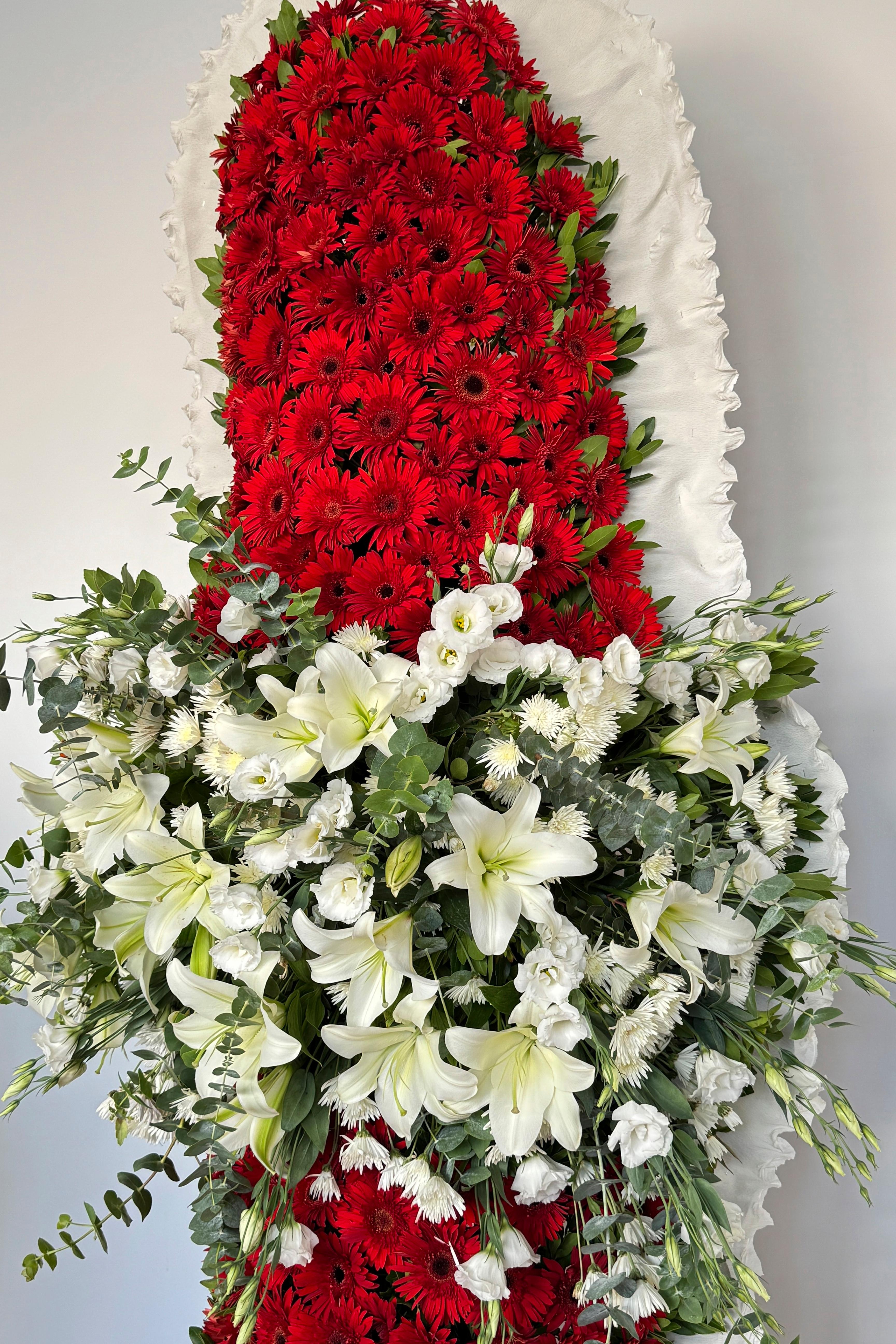 Kırmızı & Beyaz Gerbera & Kazablanka Düğün Çelenk