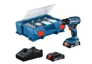 Bosch Makine ve Aksesuar Seti: GSB 18V-45 + 2x GBA 18V 2.0Ah + GAL 18V-40 + 63 adet matkap/uç seti L-Case Pick&Click 0615A5007G