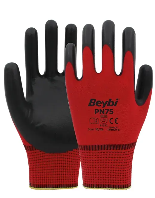 Beybi PN75 Polyester Örme Nitril Eldiven Kırmızı Siyah No:10