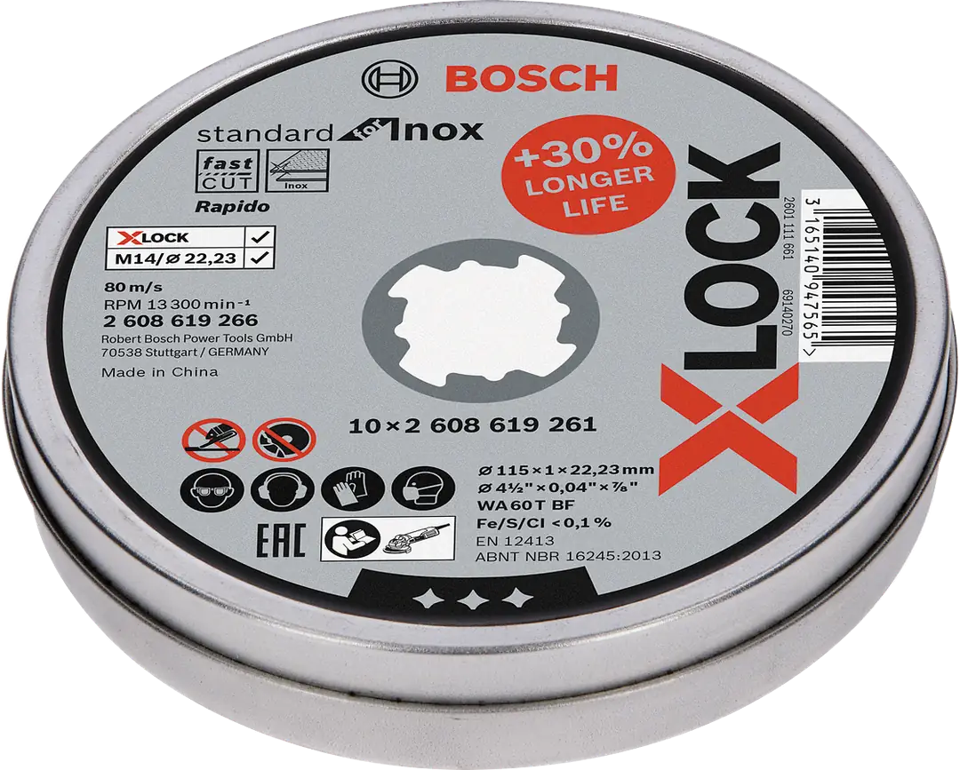 Bosch - X-LOCK - 115*1,0mm Standard Seri Düz Inox (Paslanmaz Çelik) Kesme Diski (Taş) - Rapido 10'lu 2608619266