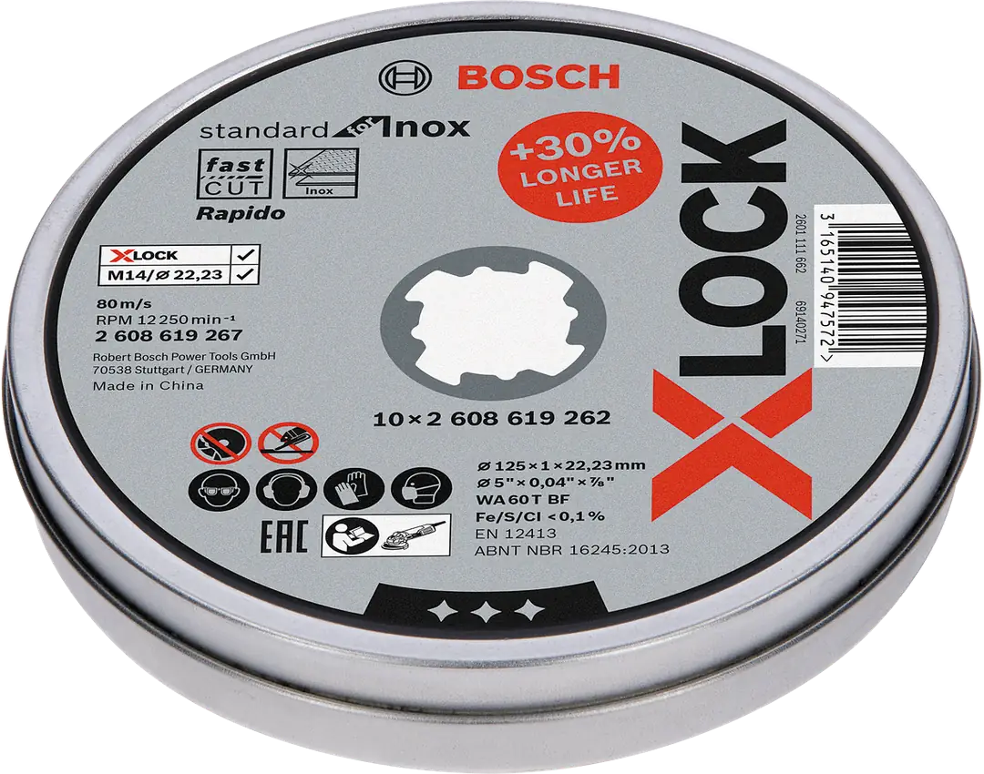 Bosch - X-LOCK - 125*1,0mm Standard Seri Düz Inox (Paslanmaz Çelik) Kesme Diski (Taş) - Rapido 10'lu 2608619267