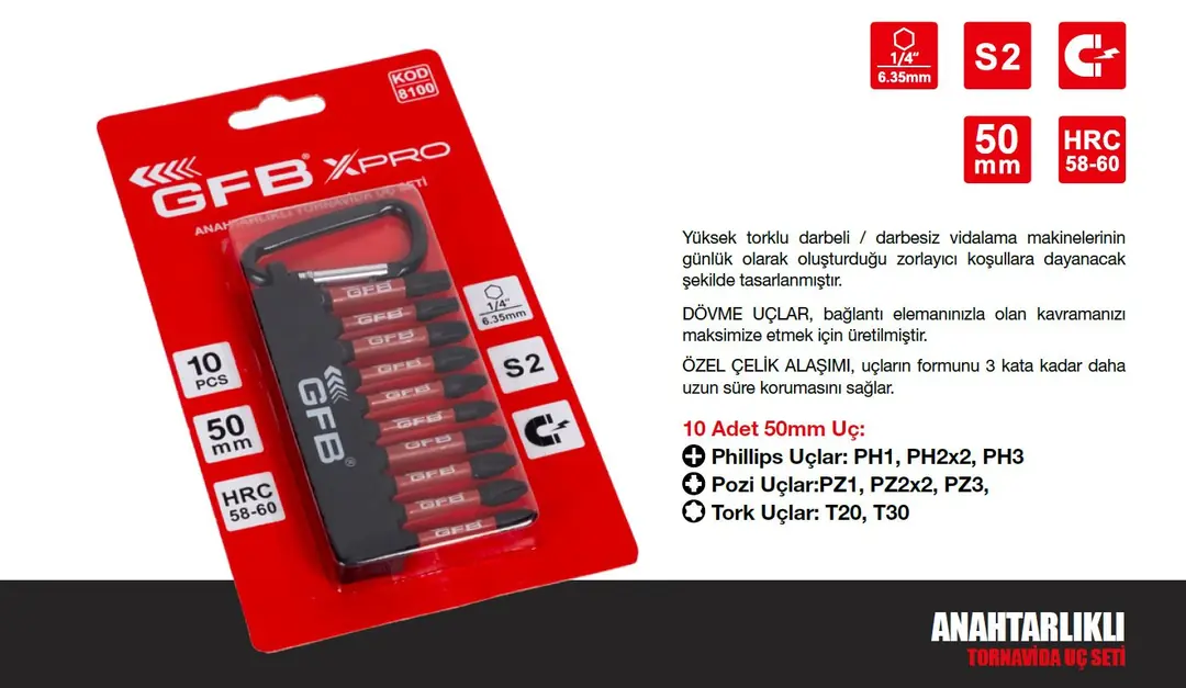 Gfb 8100 10 Parçalı Xpro Anahtarlıklı Bits Uç Seti Siyah