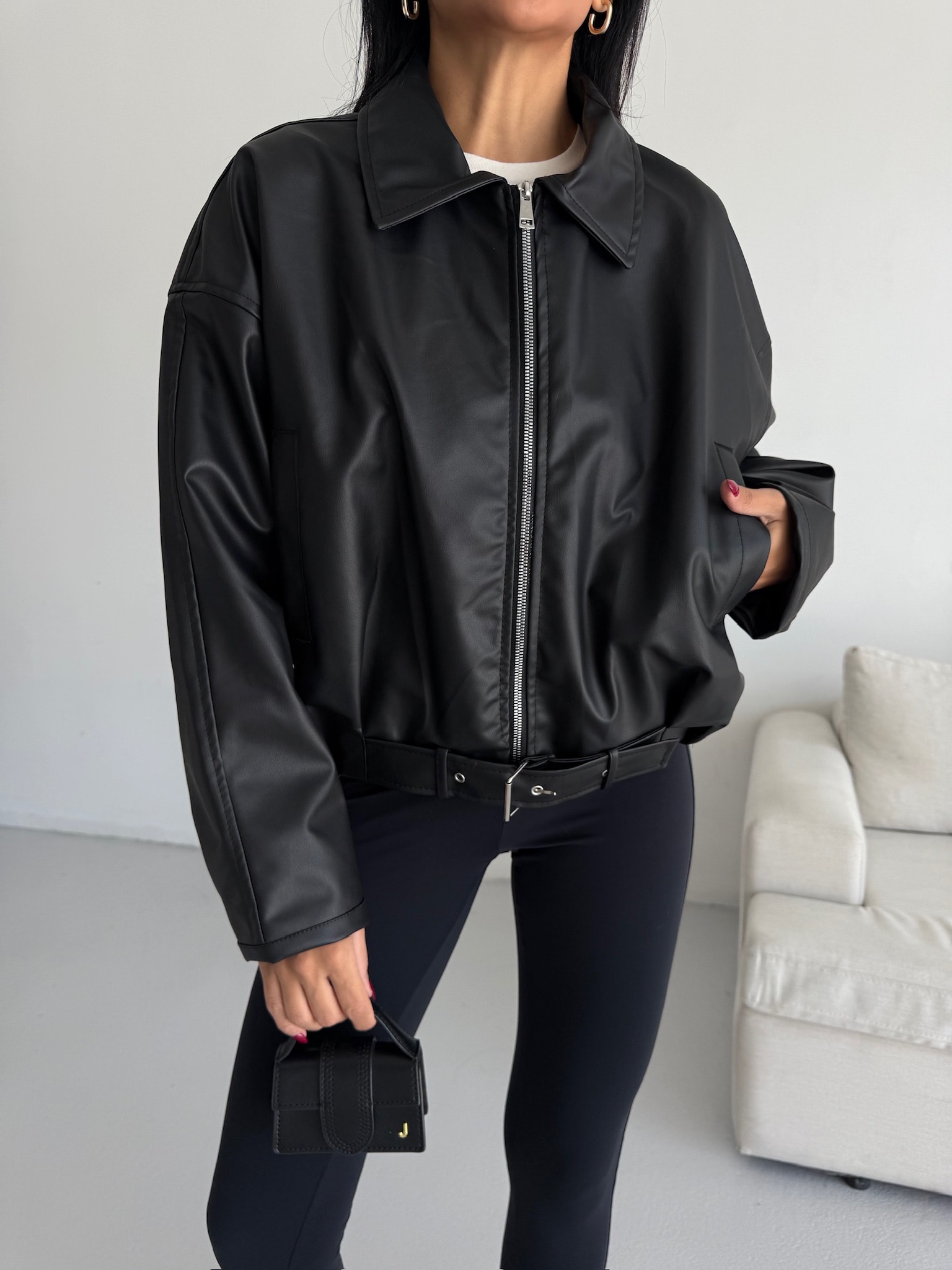 Bomber Kemerli Deri Ceket