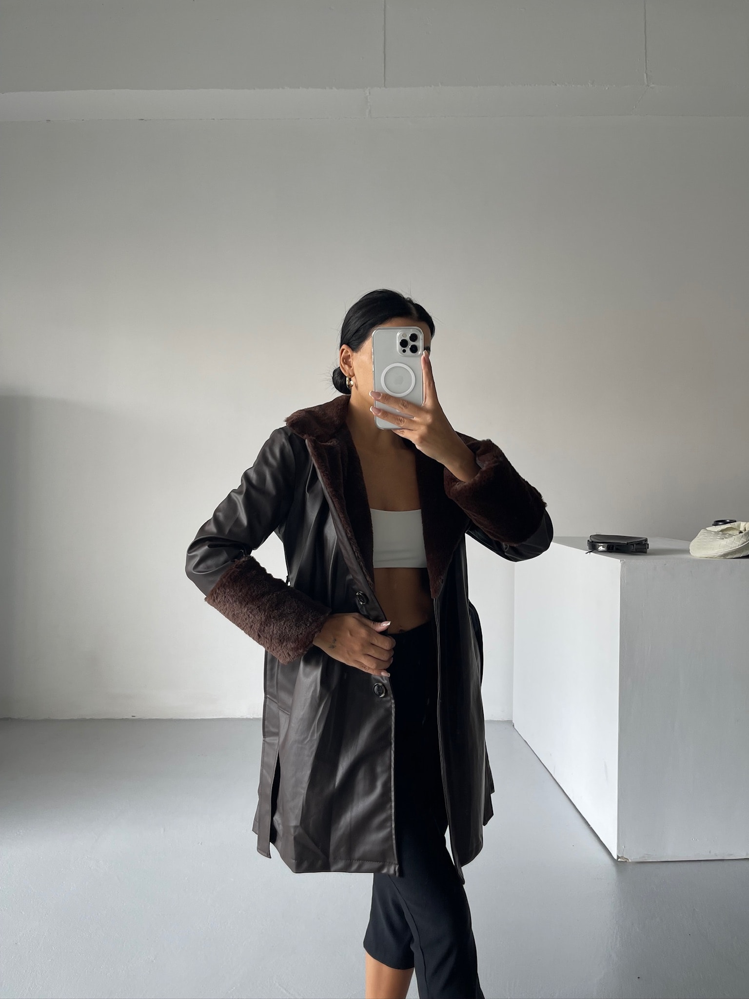 Kürk Detay Kemerli Deri Ceket