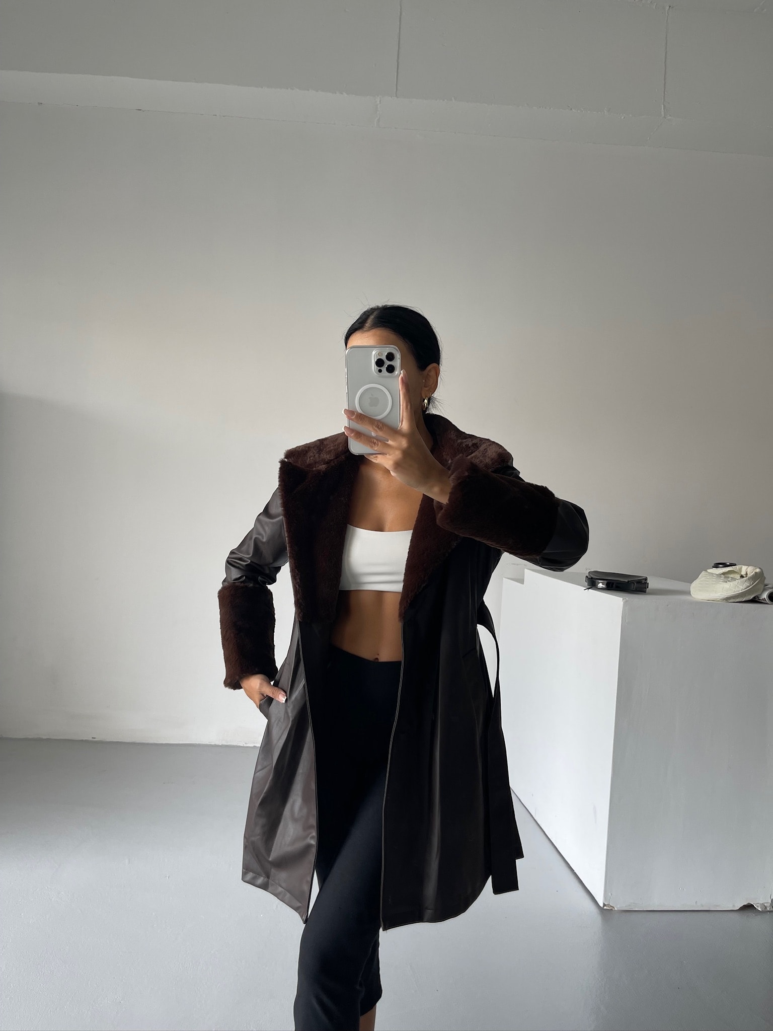 Kürk Detay Kemerli Deri Ceket