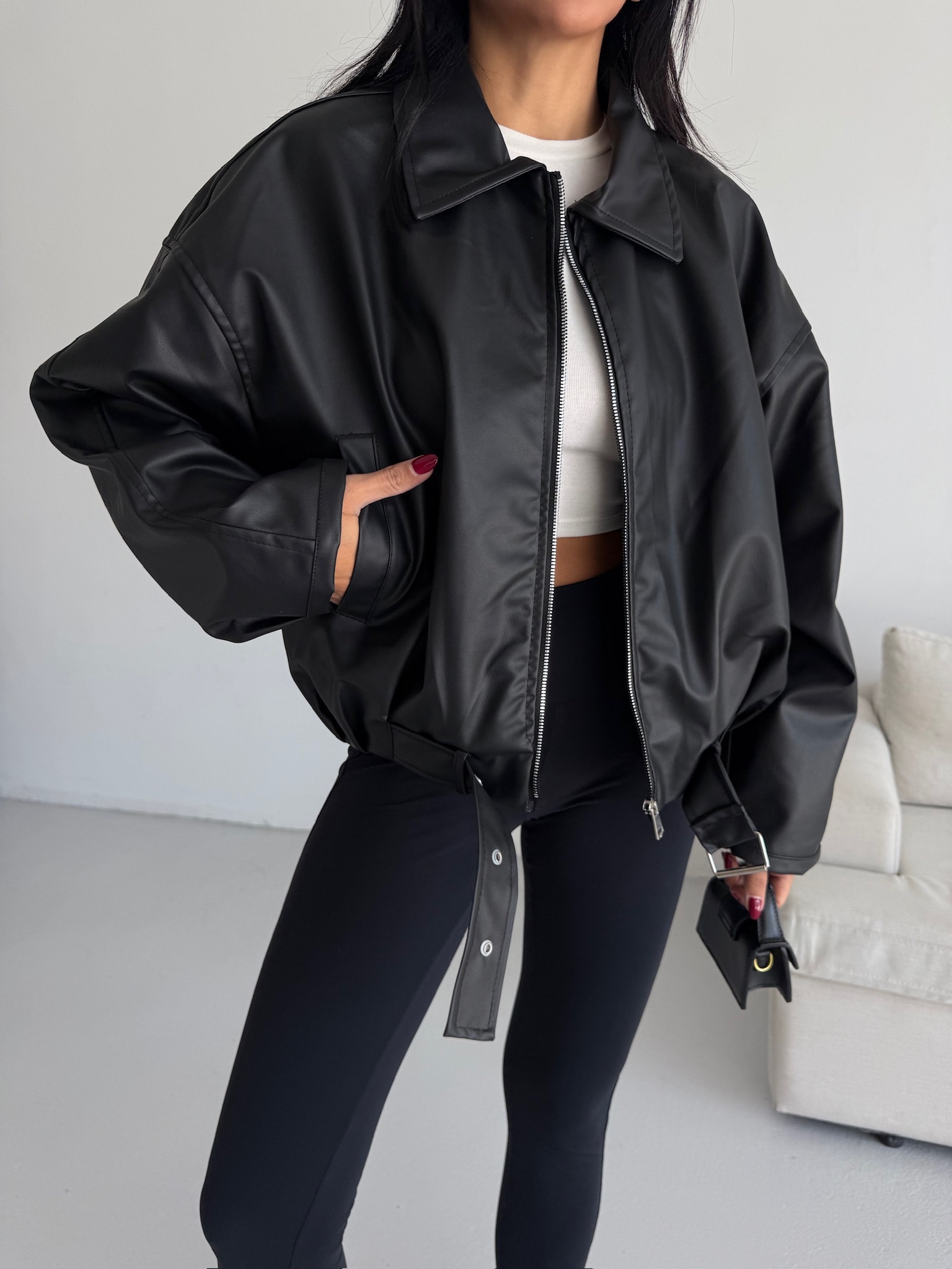 Bomber Kemerli Deri Ceket